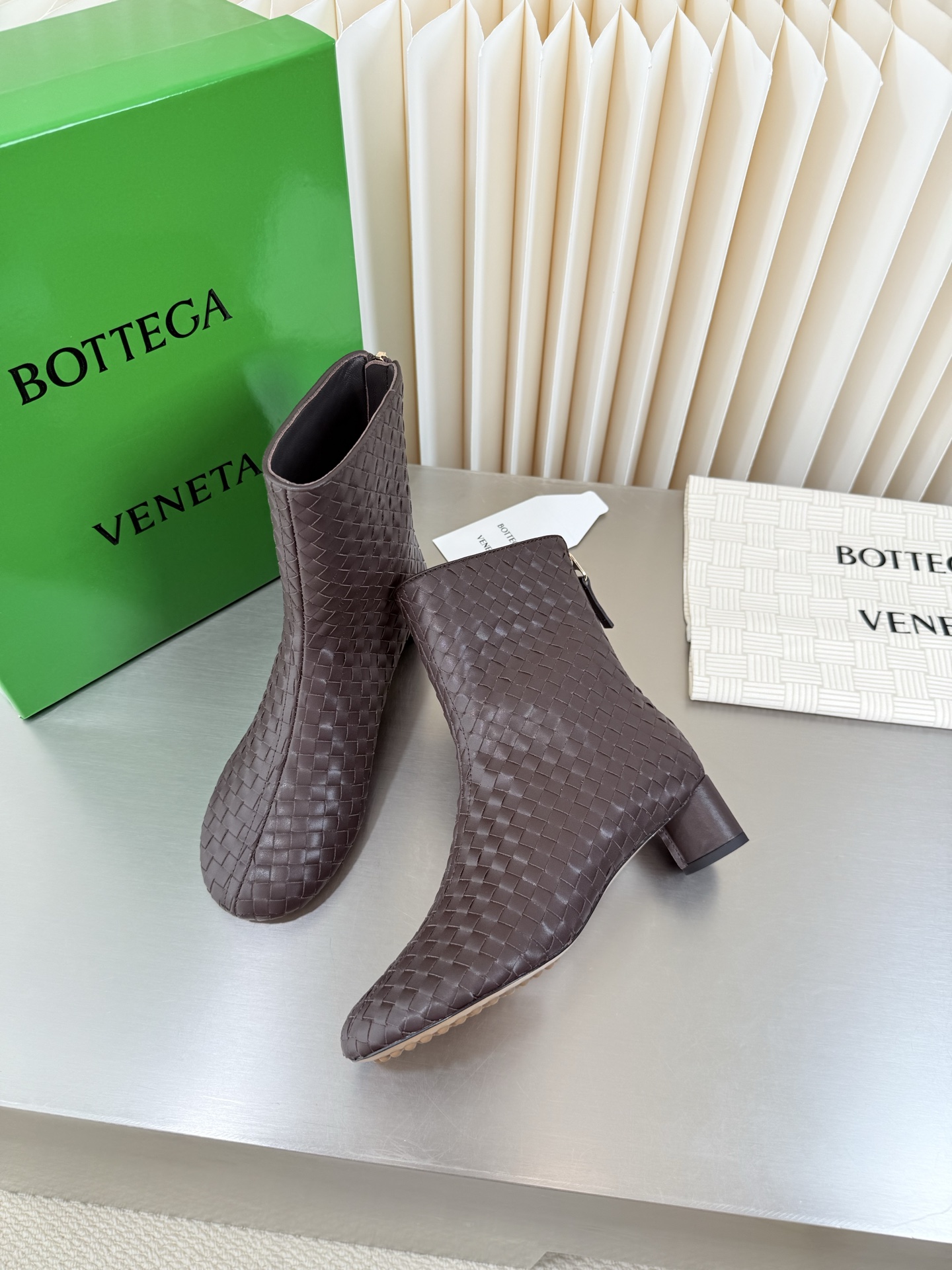 Bottega Veneta Brown Woven Block Heel Boots