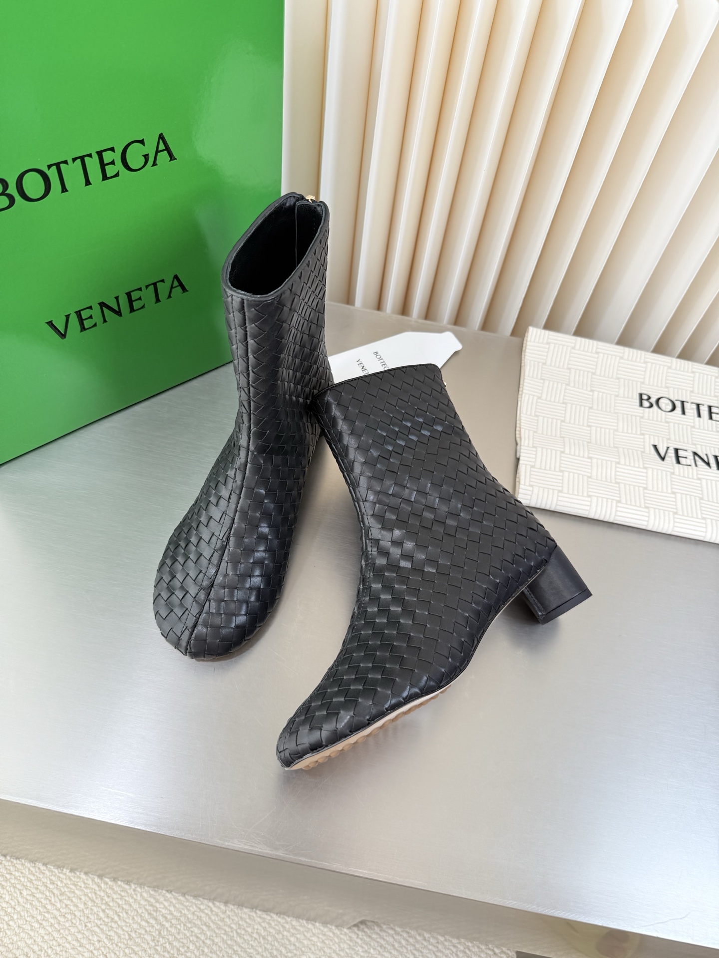 Bottega Veneta Black Woven Block Heel Boots