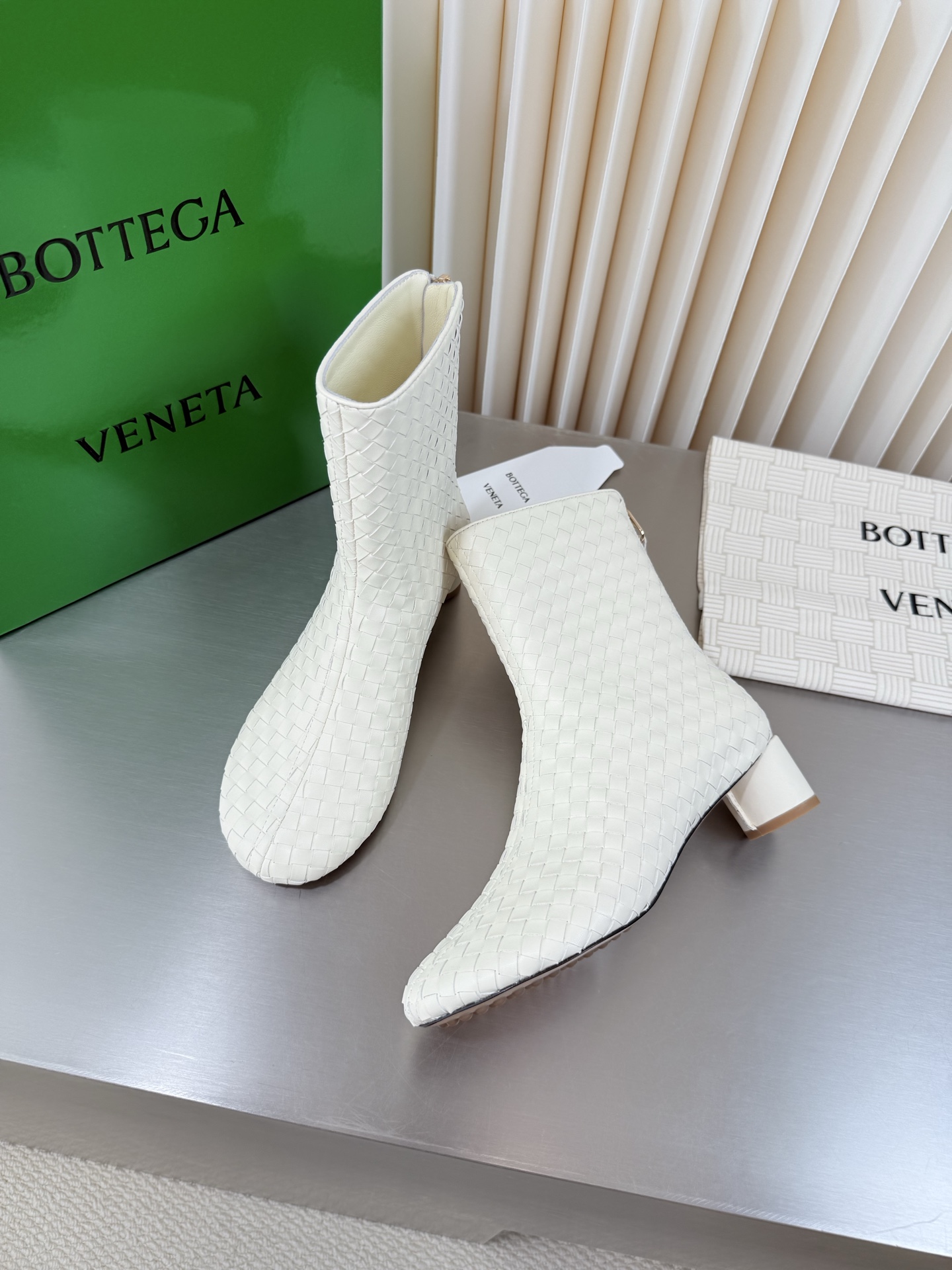 Bottega Veneta White Woven Block Heel Boots