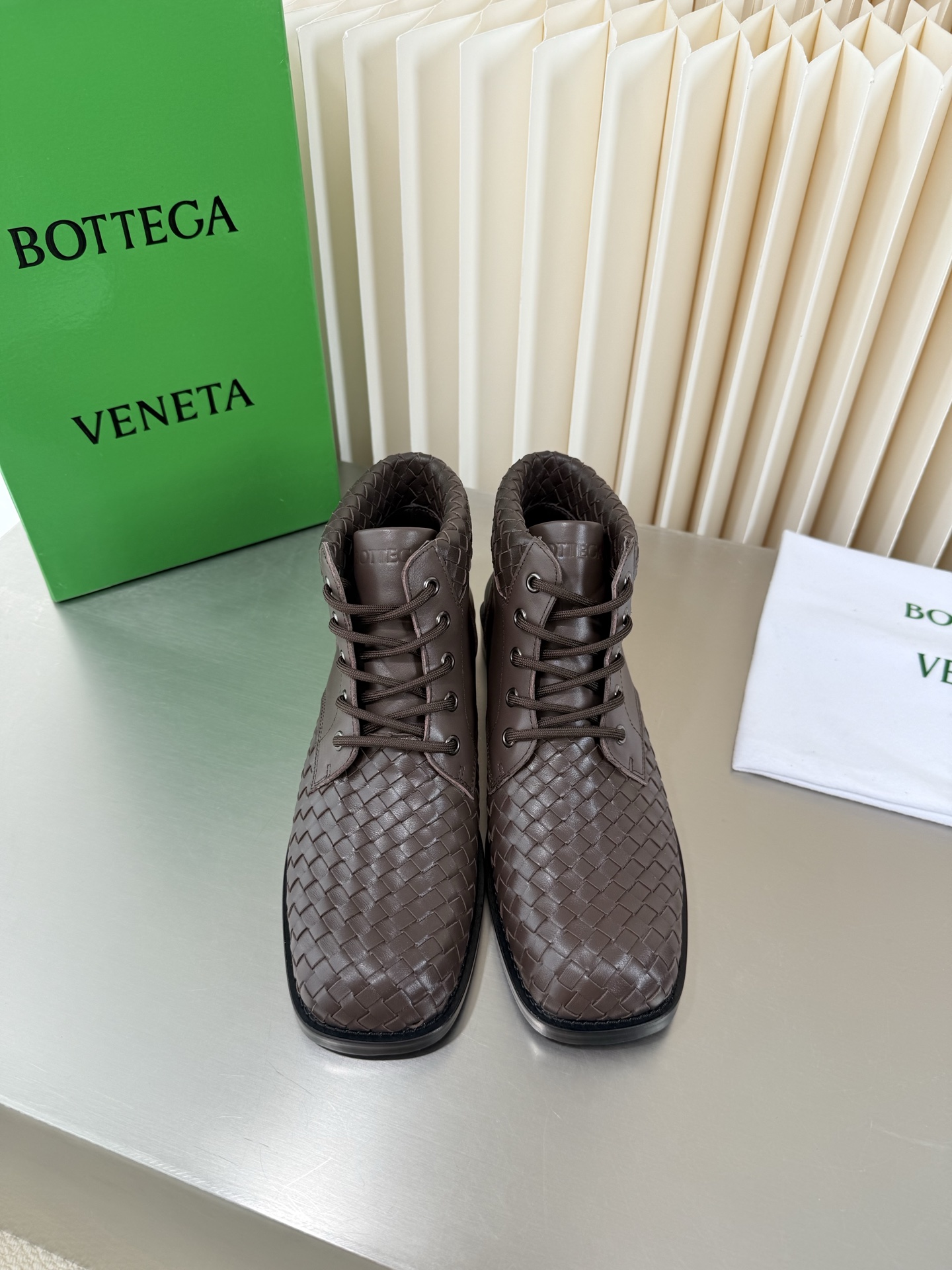 Bottega Veneta Brown Woven Lace Up Boots
