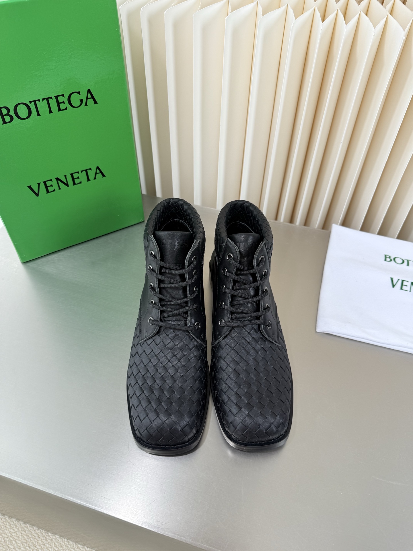 Bottega Veneta Black Woven Lace Up Boots