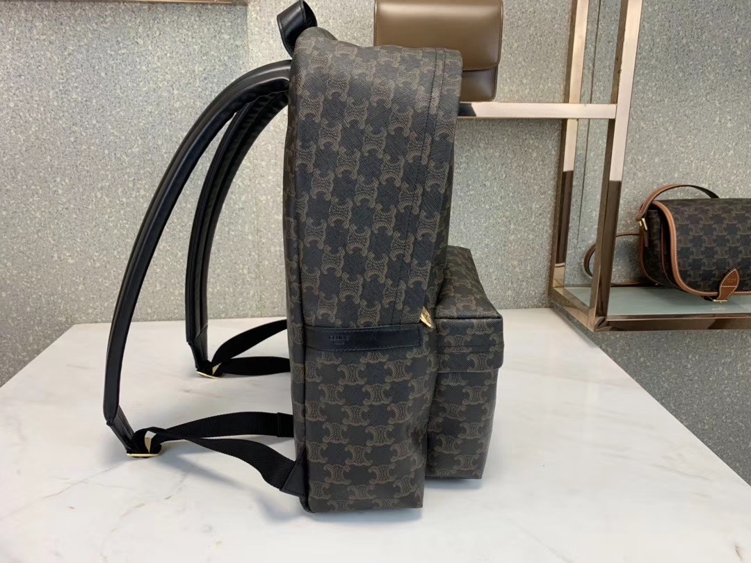  CELINE🆕🎒TRIOMPHE 🎒小牛皮中号双肩包
TRIOMPHE中号帆布拼接小牛皮双肩包，配有2条可调节尼龙背带和1个提手。配有双拉链和1个正面拉链口袋。
+ 产品细节
13 X 15 X 5英寸(33.5 X 38 X 13厘米)
71%涂层帆布，29%小牛皮
100%棉衬里
金色金属件
双拉链 
正面口袋内设手机袋，主隔层内设加衬垫扁平口袋
外置扁平口袋 
可调节尼龙肩带长16英寸（40厘米）
可拆卸拉链头钩链
编号：188382BOV.38NO