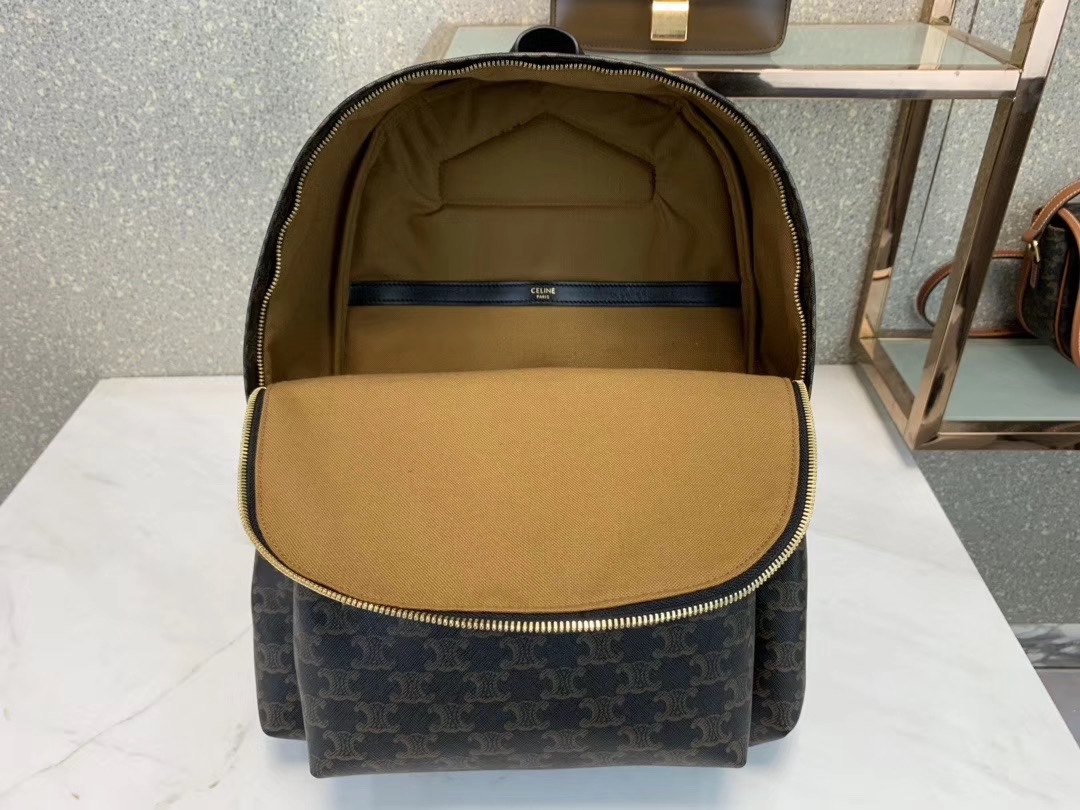  CELINE🆕🎒TRIOMPHE 🎒小牛皮中号双肩包
TRIOMPHE中号帆布拼接小牛皮双肩包，配有2条可调节尼龙背带和1个提手。配有双拉链和1个正面拉链口袋。
+ 产品细节
13 X 15 X 5英寸(33.5 X 38 X 13厘米)
71%涂层帆布，29%小牛皮
100%棉衬里
金色金属件
双拉链 
正面口袋内设手机袋，主隔层内设加衬垫扁平口袋
外置扁平口袋 
可调节尼龙肩带长16英寸（40厘米）
可拆卸拉链头钩链
编号：188382BOV.38NO