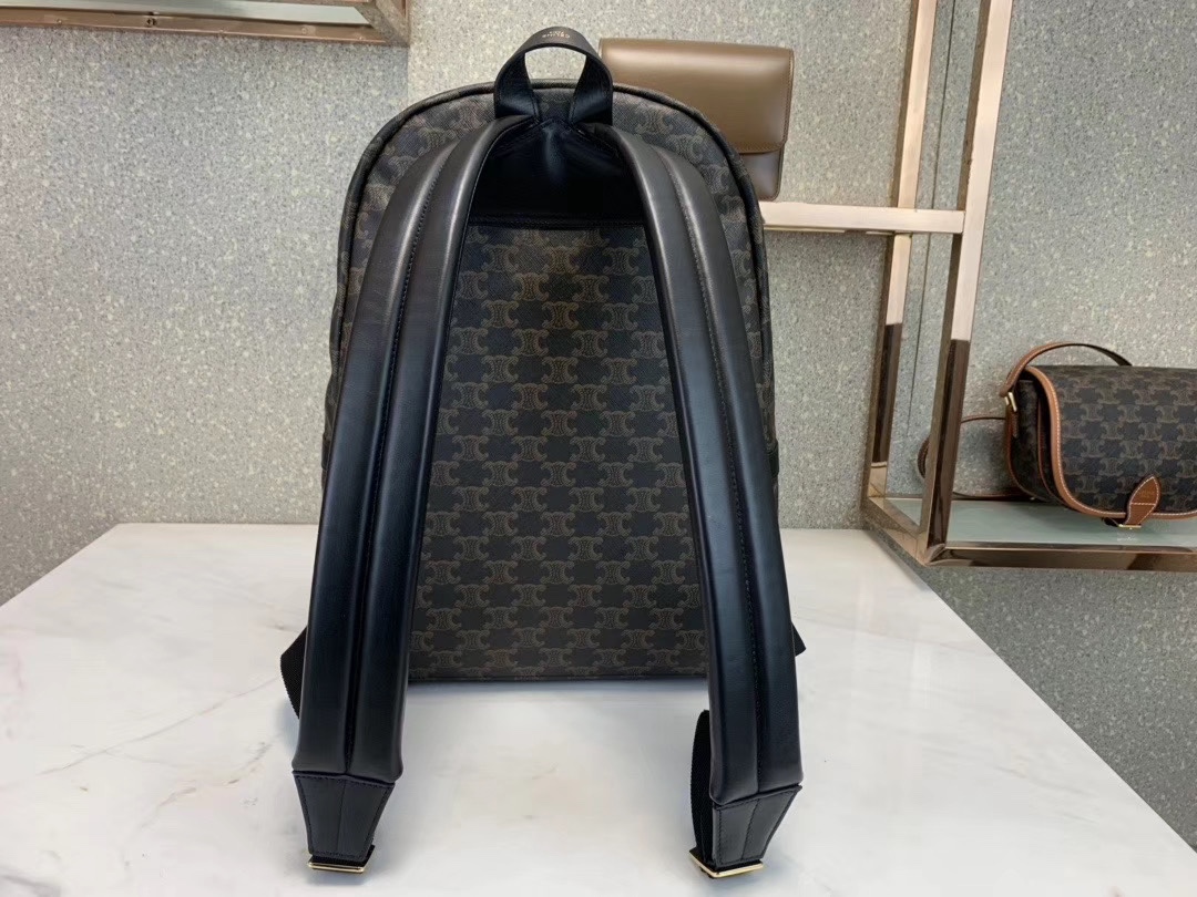  CELINE🆕🎒TRIOMPHE 🎒小牛皮中号双肩包
TRIOMPHE中号帆布拼接小牛皮双肩包，配有2条可调节尼龙背带和1个提手。配有双拉链和1个正面拉链口袋。
+ 产品细节
13 X 15 X 5英寸(33.5 X 38 X 13厘米)
71%涂层帆布，29%小牛皮
100%棉衬里
金色金属件
双拉链 
正面口袋内设手机袋，主隔层内设加衬垫扁平口袋
外置扁平口袋 
可调节尼龙肩带长16英寸（40厘米）
可拆卸拉链头钩链
编号：188382BOV.38NO