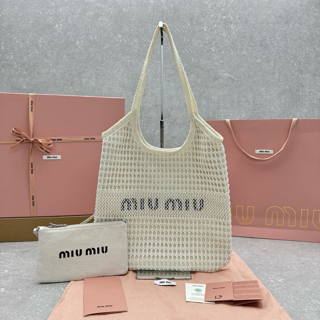 MiuMiu Buy
 Handbags Tote Bags White Linen Straw Woven Summer Collection