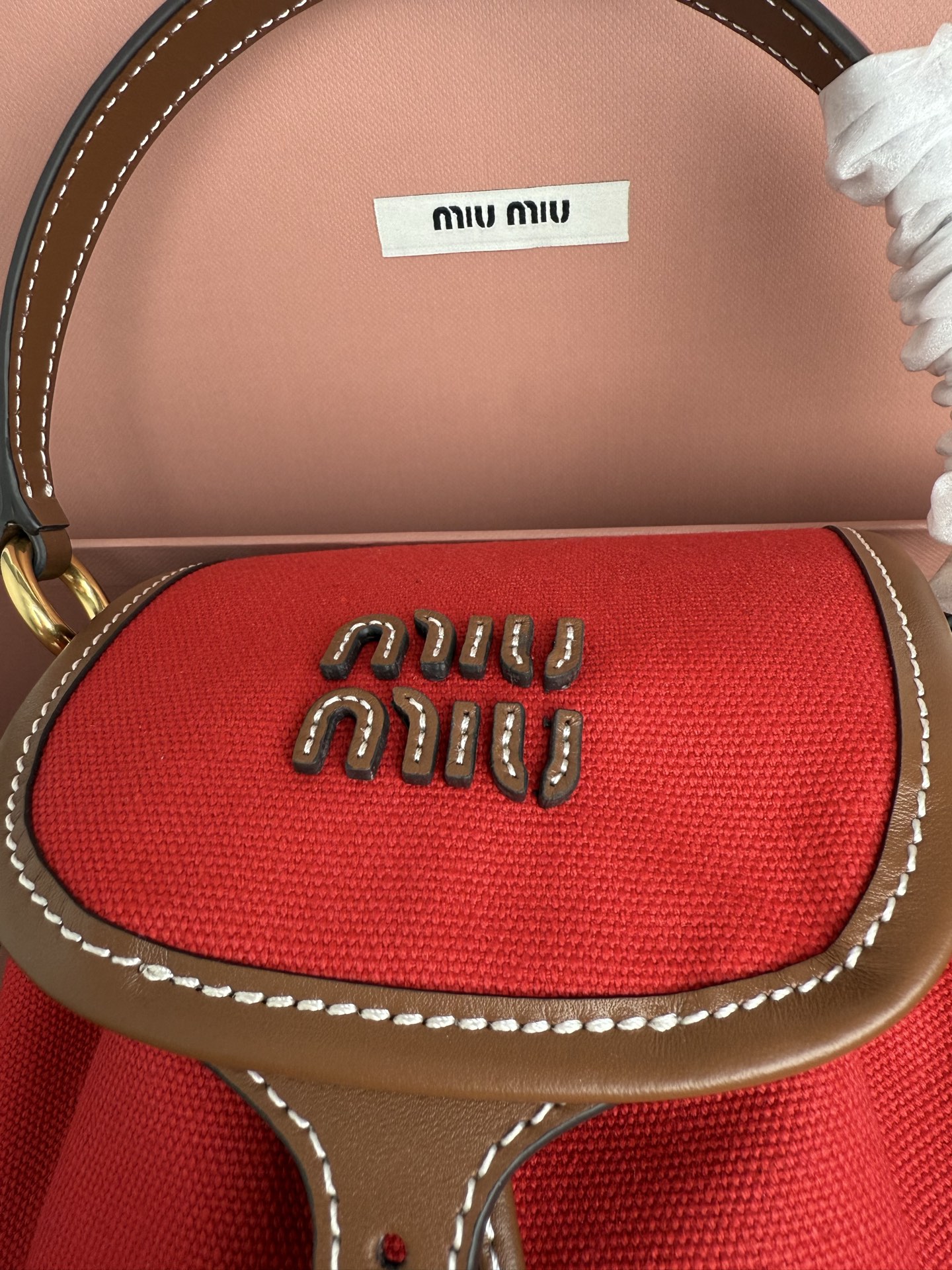 Unknown MIU新品学院风双肩包：5BZ043帆布与高品质小牛皮的完美搭配 厚实耐磨亚麻混纺内衬