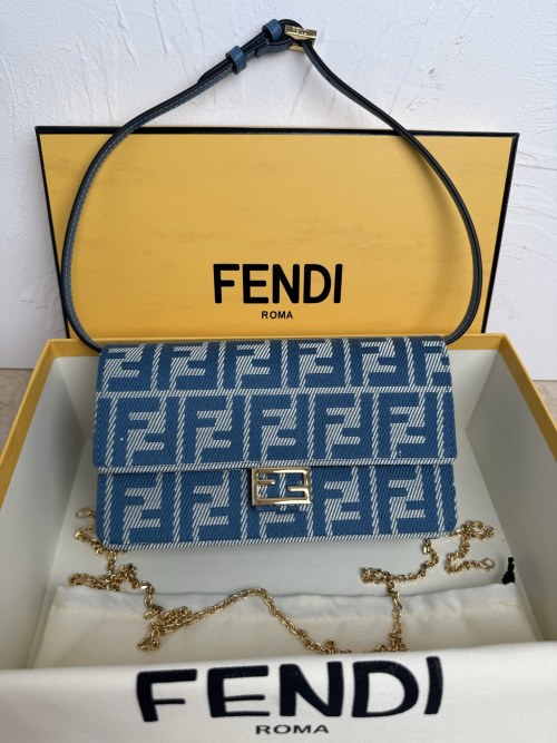 Fendi Blue FF Jacquard Baguette Compact Wallet with Chain and Leather Straps 1 Fendi Blue FF Jacquard Baguette Compact Wallet with Chain and Leather Straps