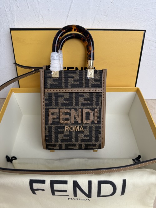 Fendi Sunshine Mini Tote Bag Brown FF Fabric Handbag 8BS051 1 Fendi Sunshine Mini Tote Bag Brown FF Fabric Handbag 8BS051