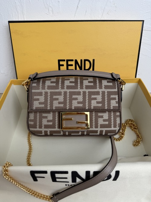 Fendi Baguette Mini Brown Jacquard Fabric Bag with FF Motif and Chain Strap 1 Fendi Baguette Mini Brown Jacquard Fabric Bag with FF Motif and Chain Strap