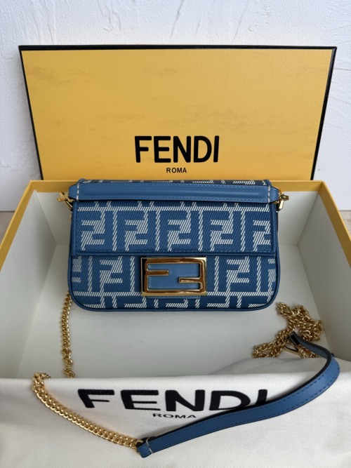 Fendi Baguette Mini Bag in Blue Jacquard Fabric with FF Motif & Embroidery 1 Fendi Baguette Mini Bag in Blue Jacquard Fabric with FF Motif & Embroidery
