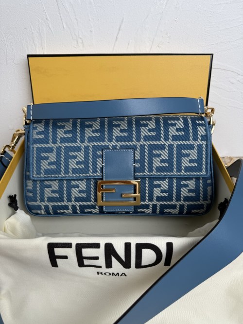Fendi Baguette Medium Blue FF Jacquard Fabric Bag with Embroidery Trim 1 Fendi Baguette Medium Blue FF Jacquard Fabric Bag with Embroidery Trim