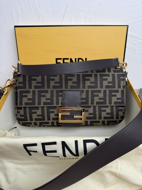Fendi Baguette Medium FF Jacquard Fabric Bag with Embroidery Brown 1 Fendi Baguette Medium FF Jacquard Fabric Bag with Embroidery Brown