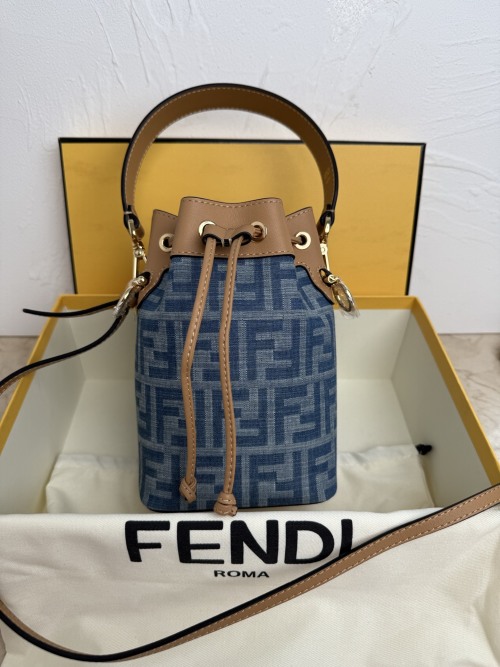 FENDI Mon Tresor Mini Bucket Bag in Blue Leather with FF Motif 1 FENDI Mon Tresor Mini Bucket Bag in Blue Leather with FF Motif