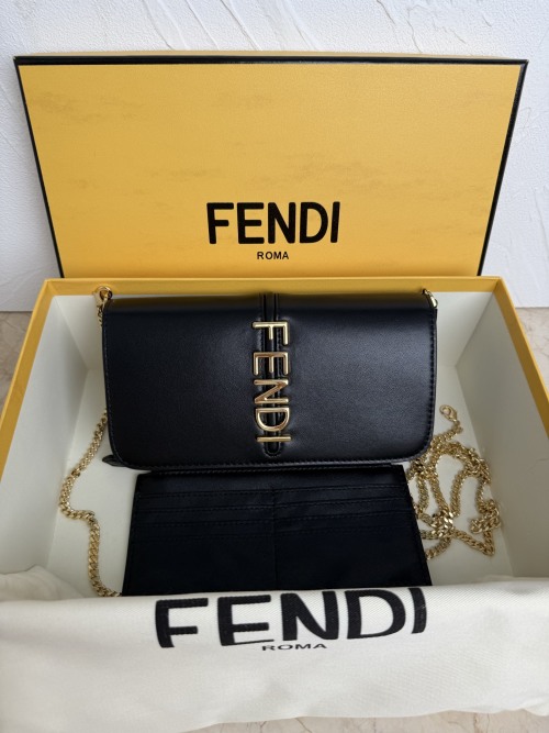 Fendi Graphy Black Leather Chain Wallet Bag - 22x5x11cm 1 Fendi Graphy Black Leather Chain Wallet Bag - 22x5x11cm