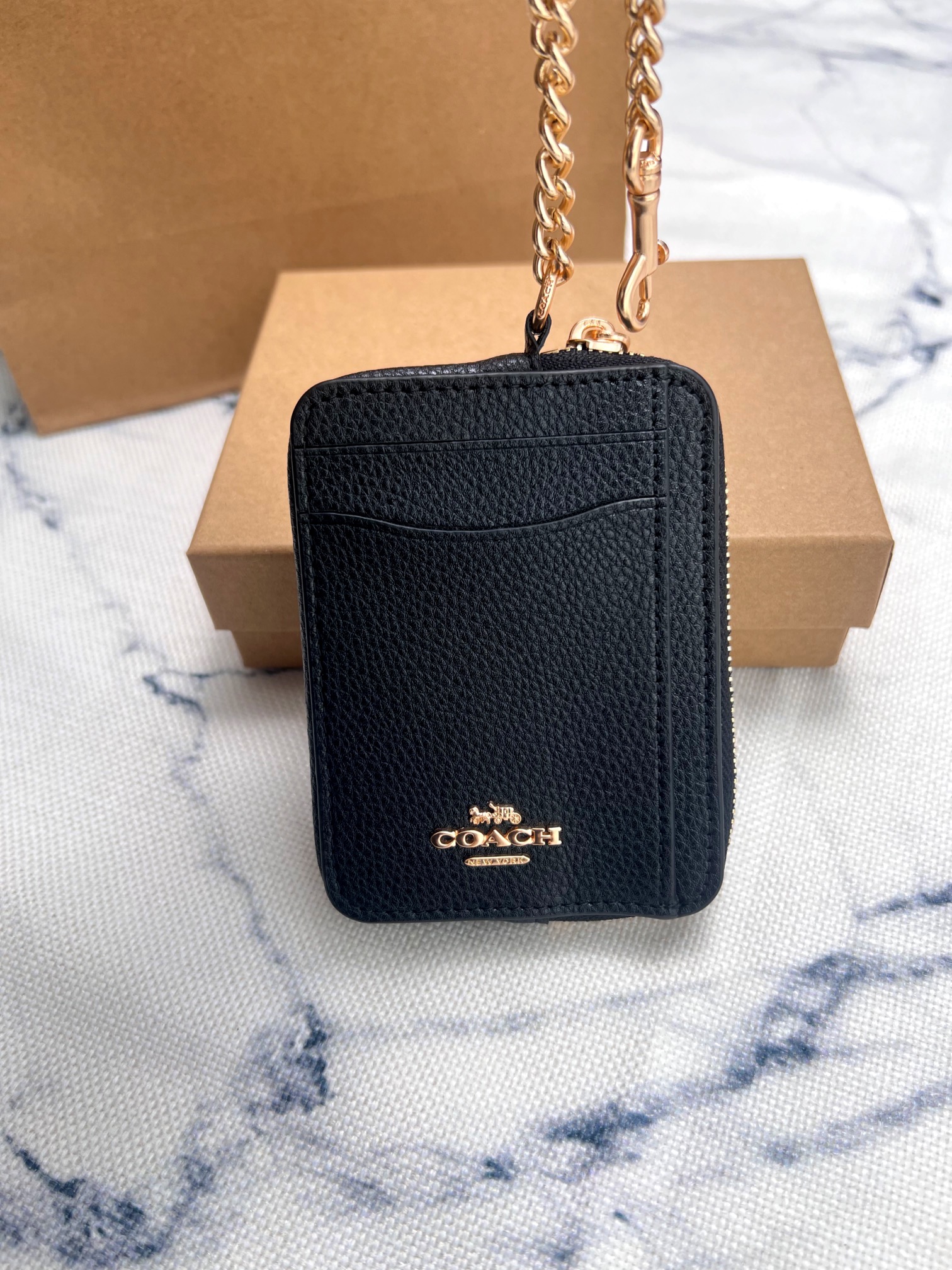 Coach ～Coach 新品 链条小卡包黑色荔枝纹C6303