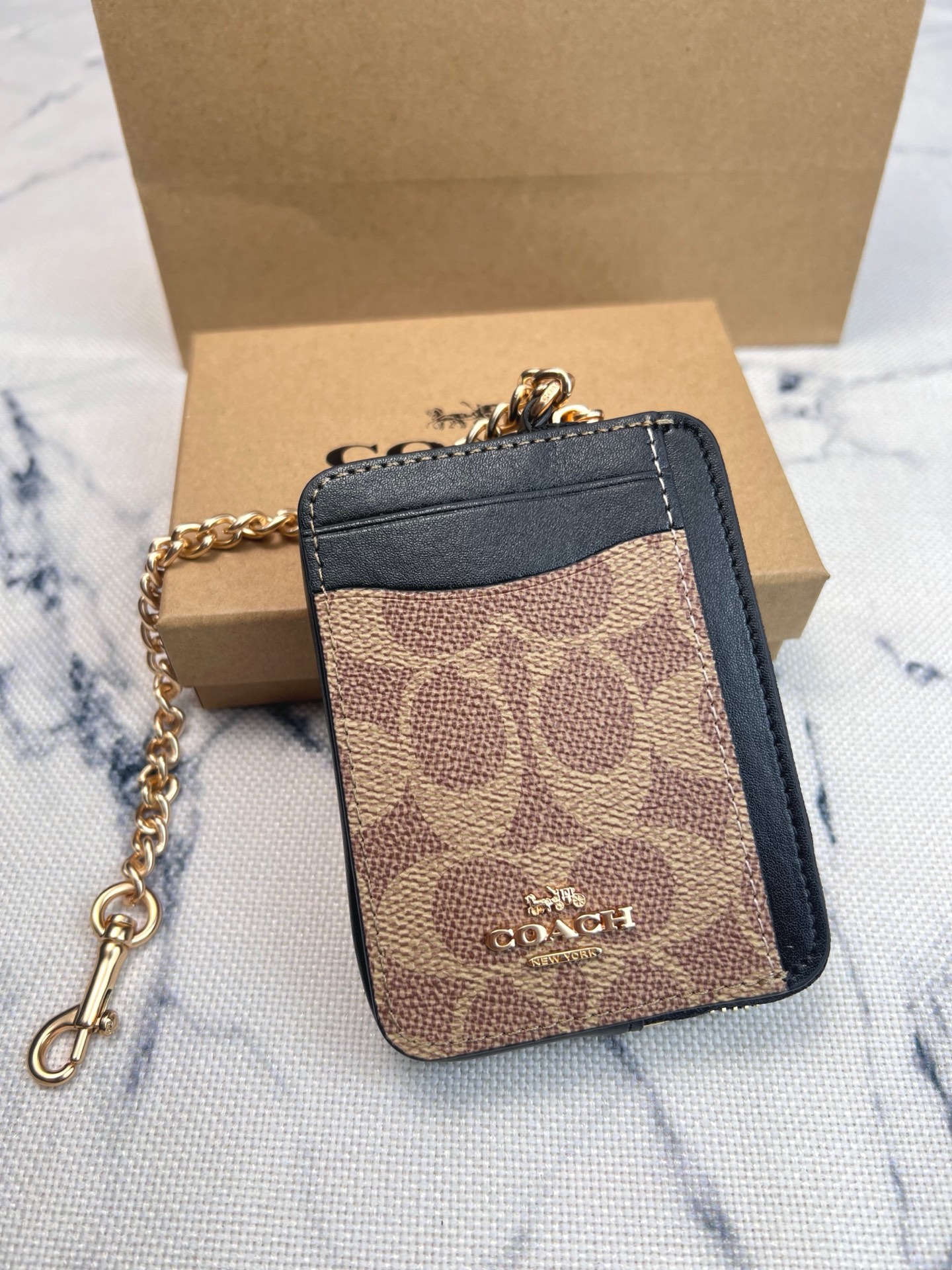 Coach Coach 新品 链条小卡包卡棕褐色拼黑色