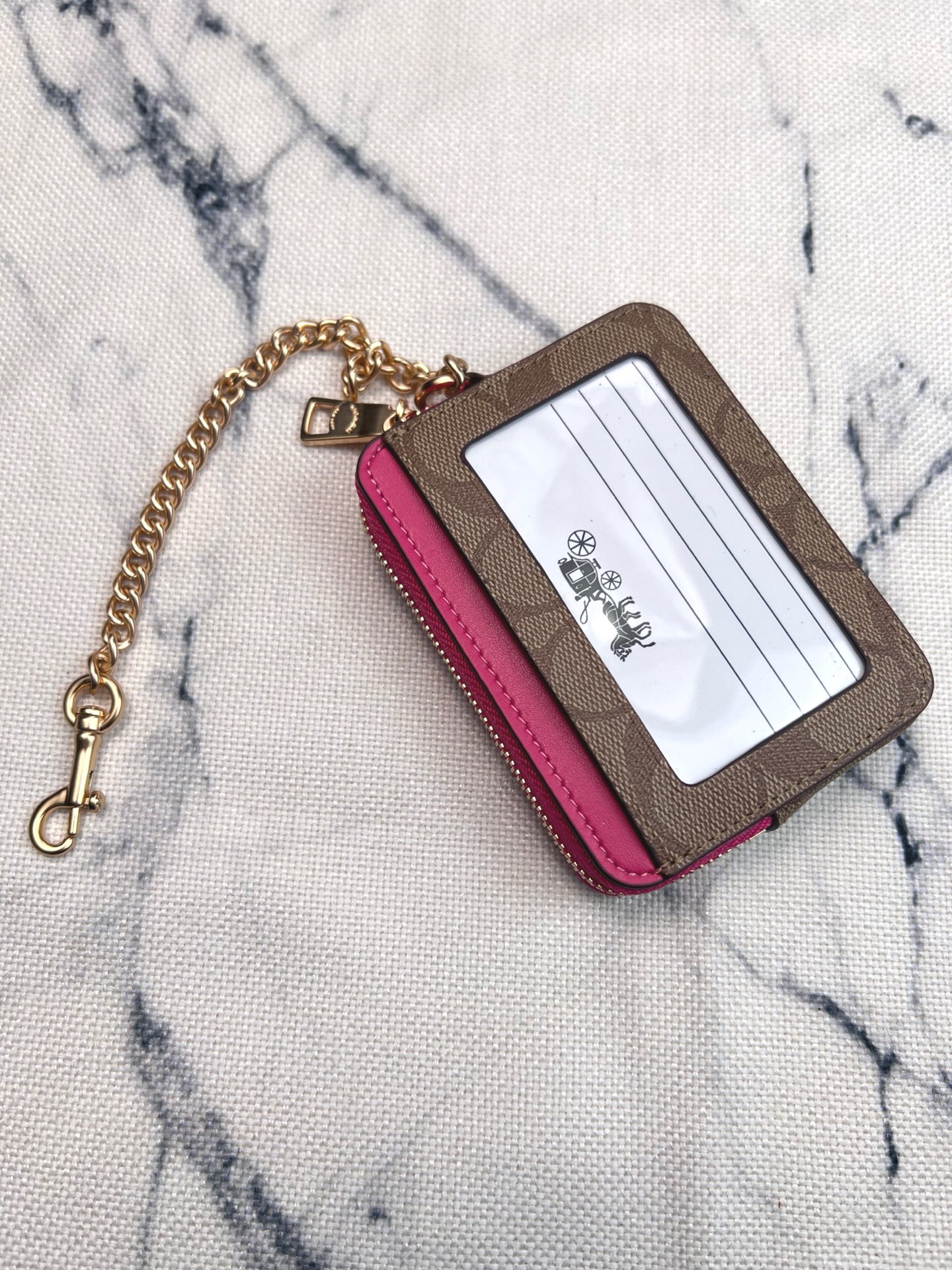 Coach ～Coach 新品 链条小卡包卡其色配梅红色牛皮C0058
