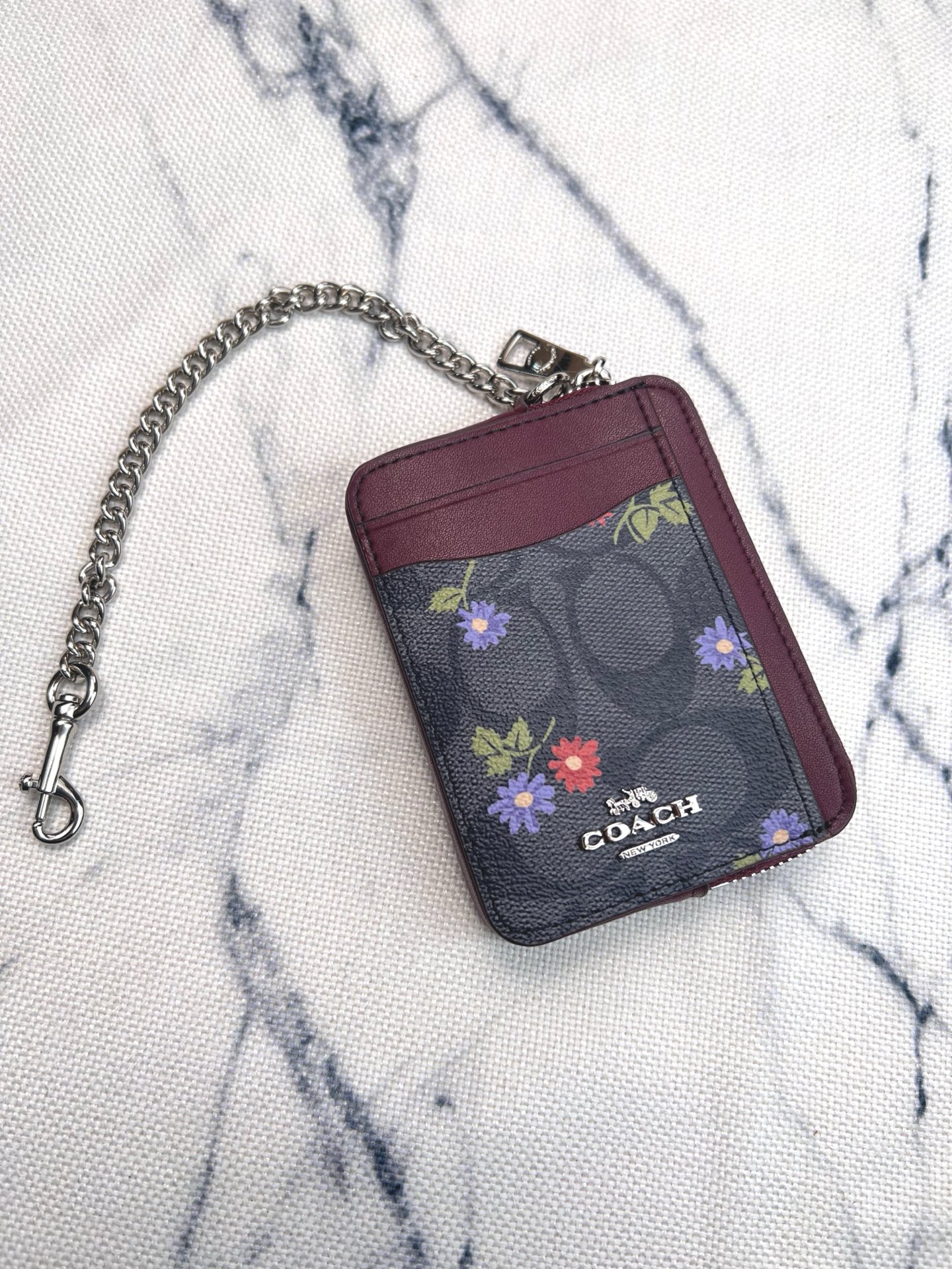 Coach Coach 新品 链条小方包小碎花配酒红色牛皮CM991正面三个卡位放3-5张卡