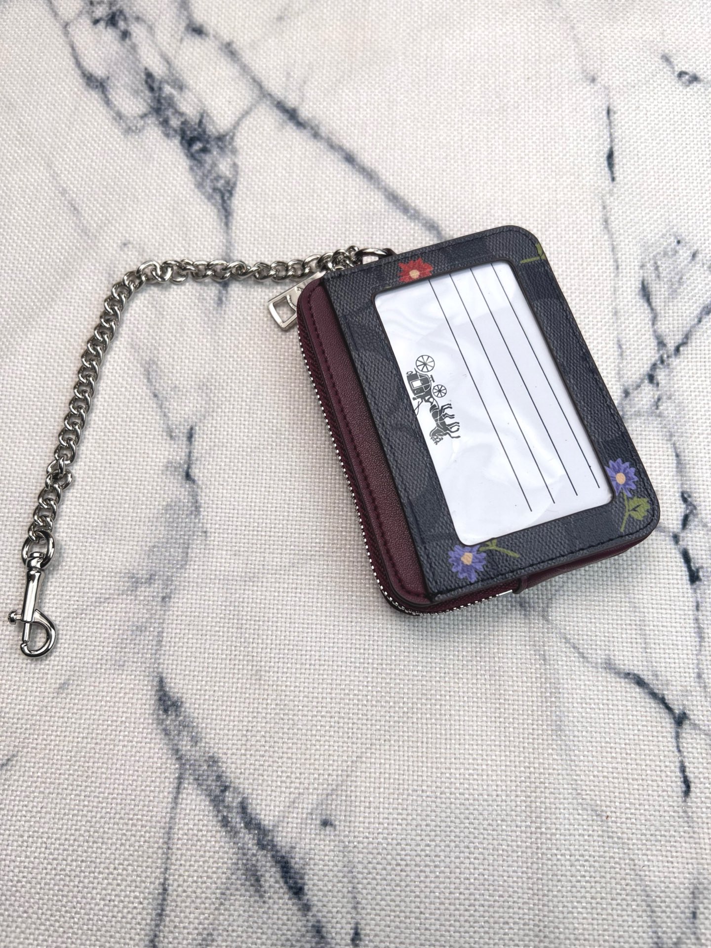 Coach Coach 新品 链条小方包小碎花配酒红色牛皮CM991正面三个卡位放3-5张卡