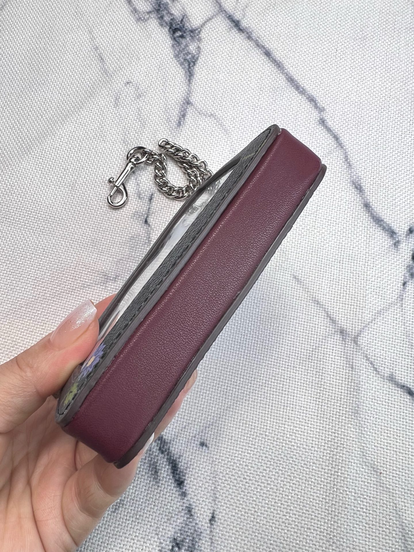 Coach Coach 新品 链条小方包小碎花配酒红色牛皮CM991正面三个卡位放3-5张卡
