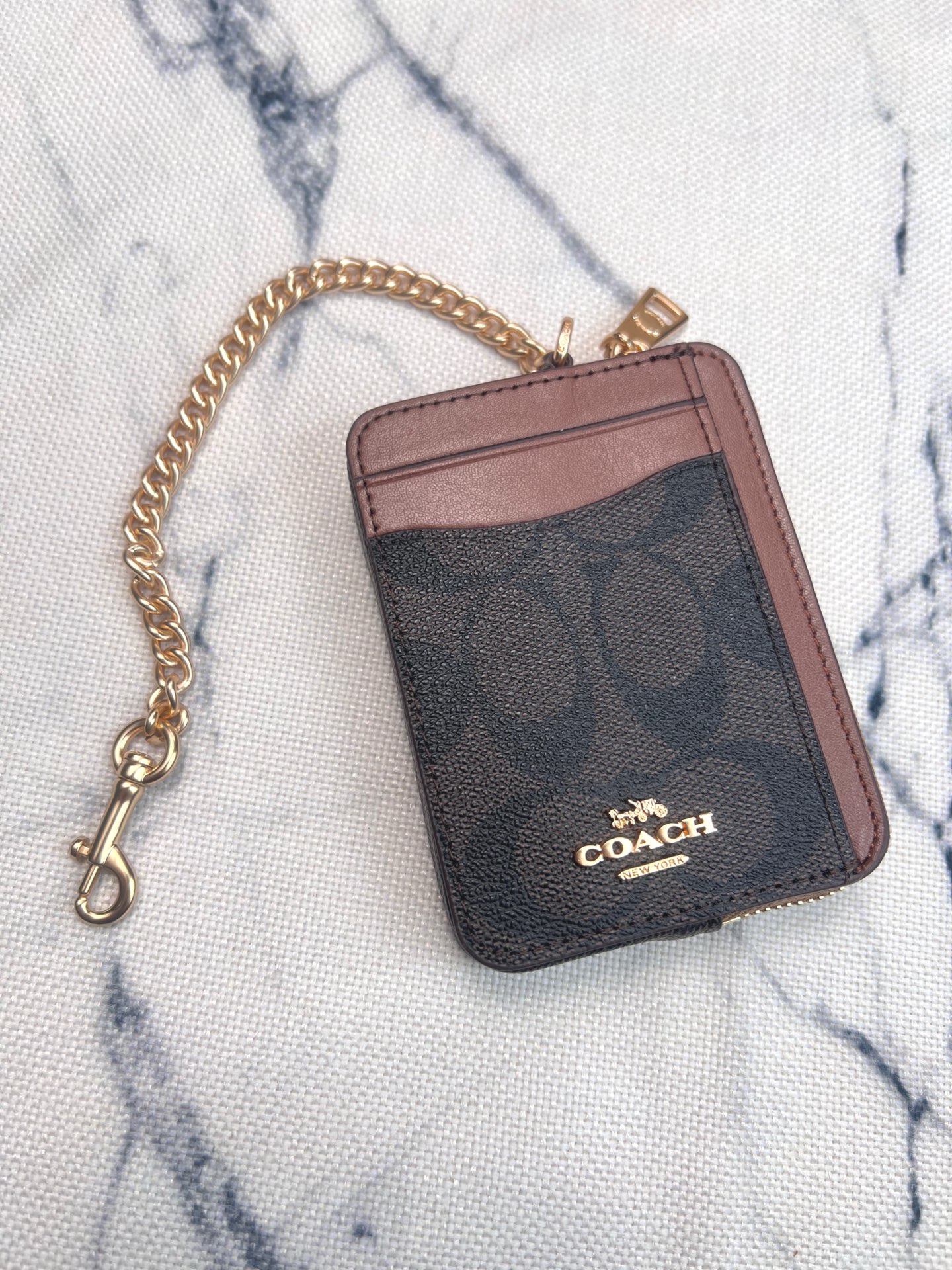 Coach ～Coach 新品 链条小卡包咖啡配棕C0058正面三个卡位放3-5张卡