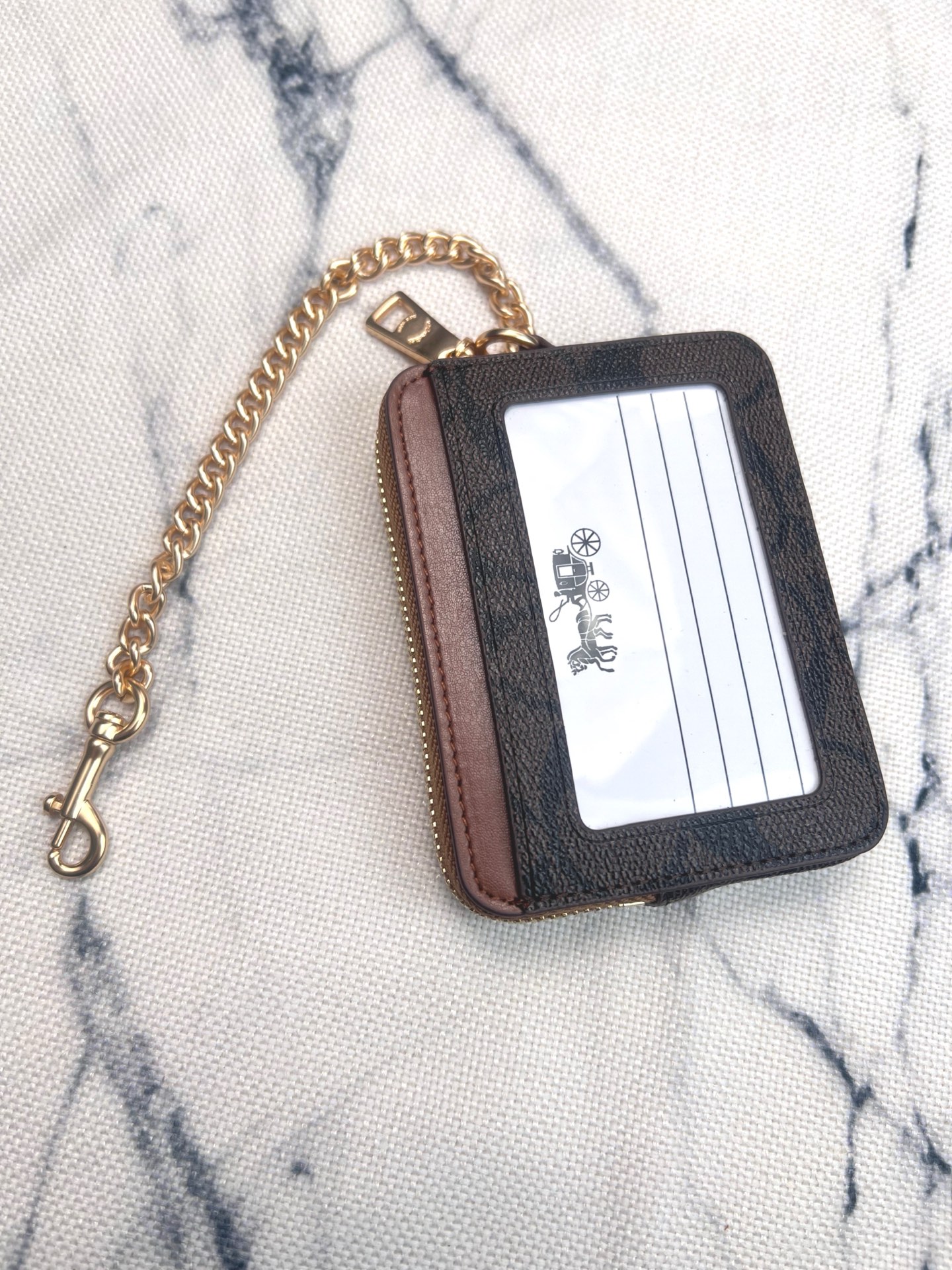 Coach ～Coach 新品 链条小卡包咖啡配棕C0058正面三个卡位放3-5张卡