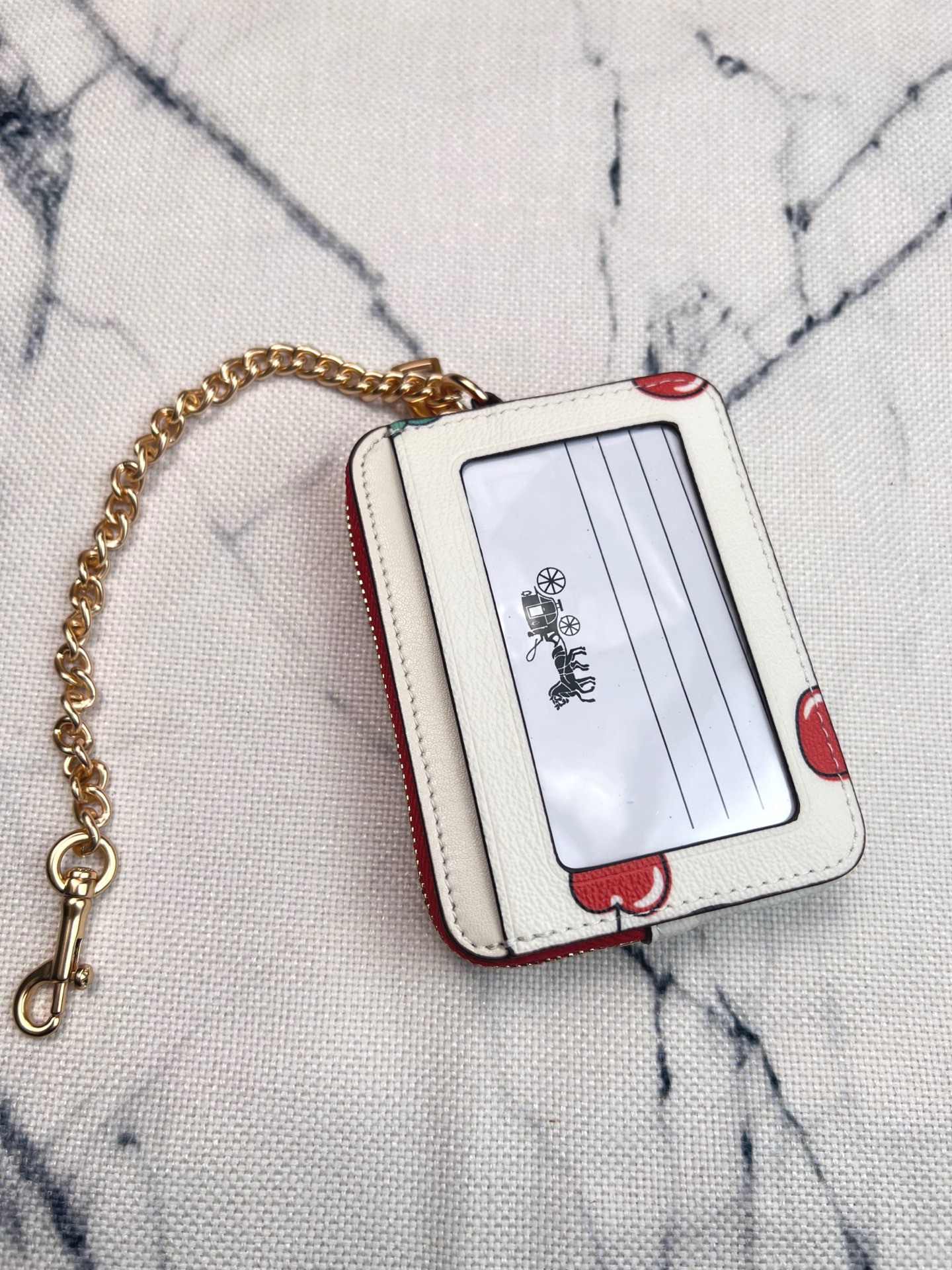 Coach ～Coach 新品 链条小卡包红色樱桃印花CF409正面三个卡位放3-5张卡
