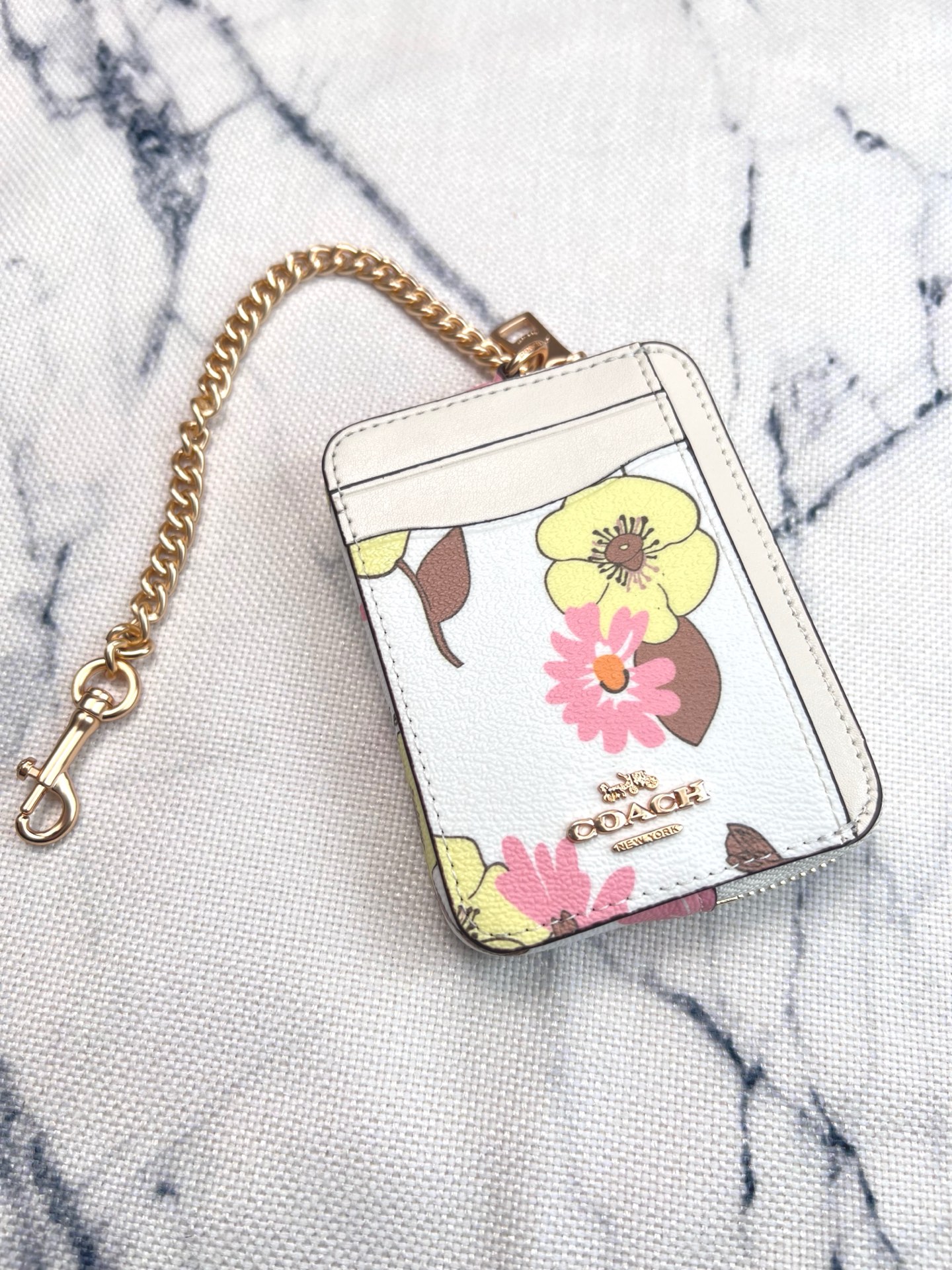 Coach ～Coach 新品 链条小方包金色字母徽标Logo花卉印花