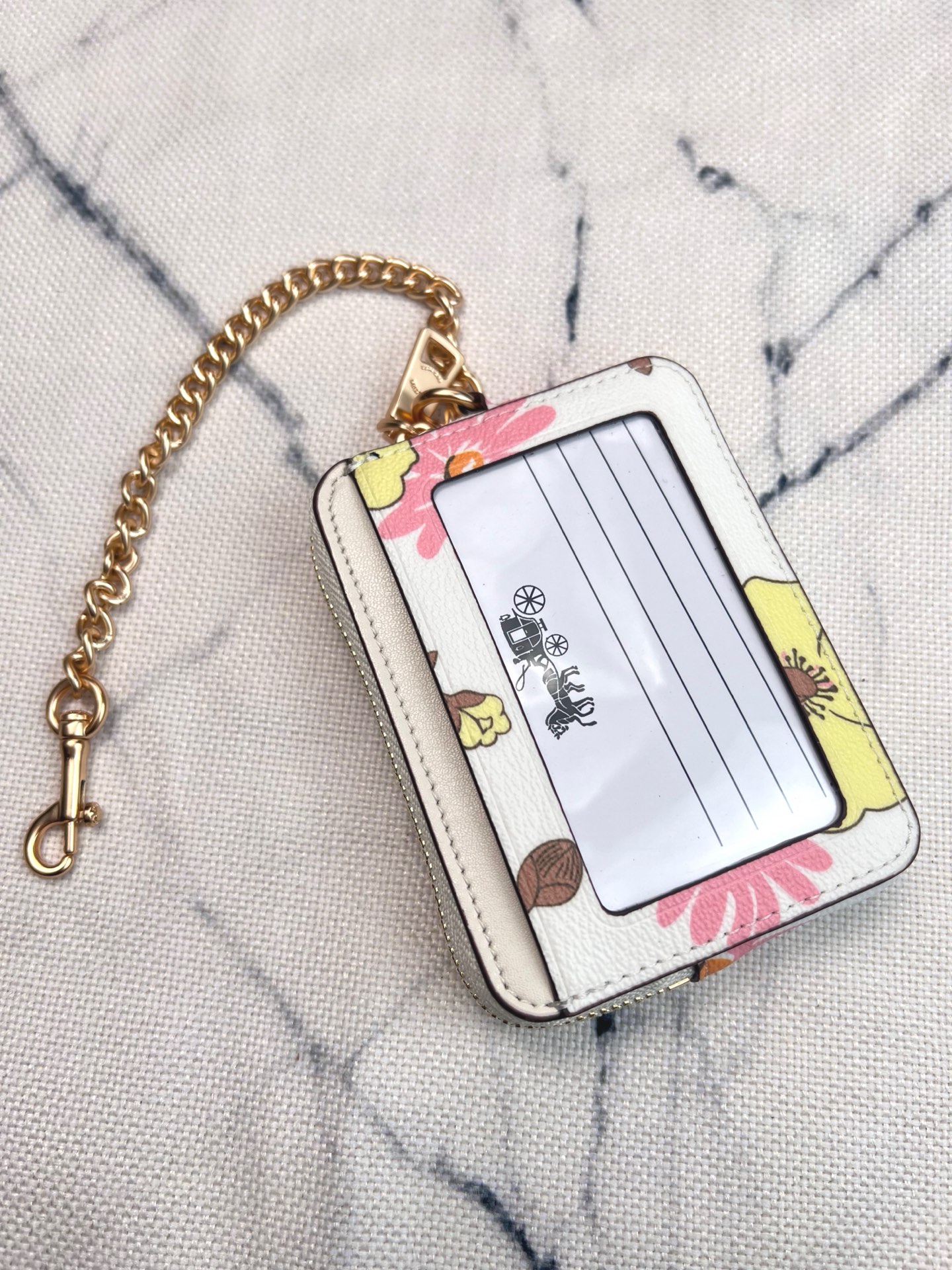 Coach ～Coach 新品 链条小方包金色字母徽标Logo花卉印花