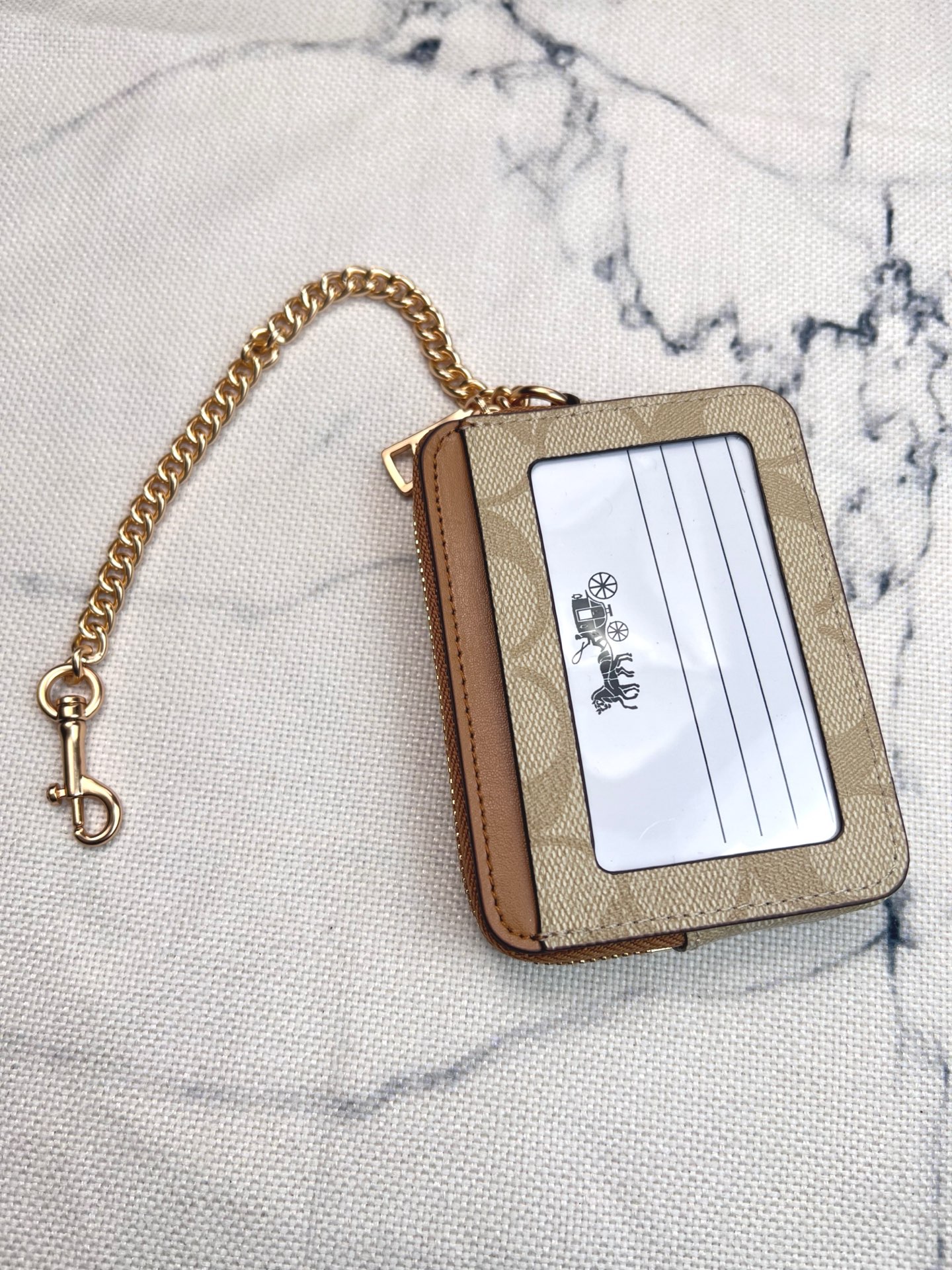 Coach ～Coach 新品 链条小卡包浅色卡其配棕色C0058正面三个卡位放3-5张卡