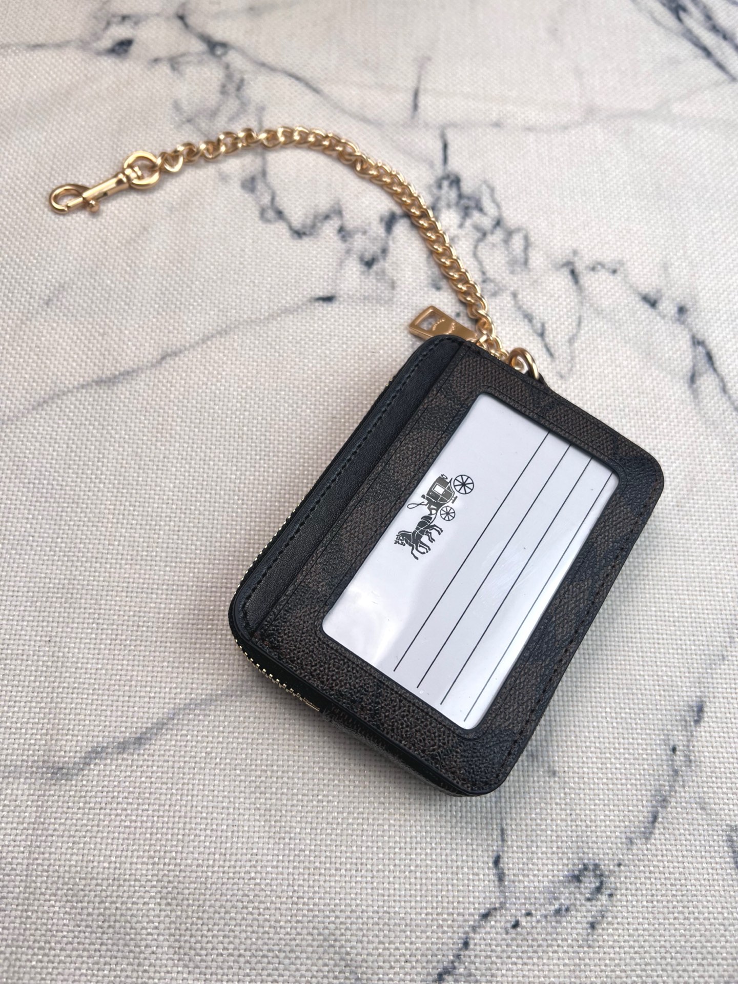 Coach ～Coach 新品 链条小卡包卡其黑配咖啡色C1885正面三个卡位放3-5张卡