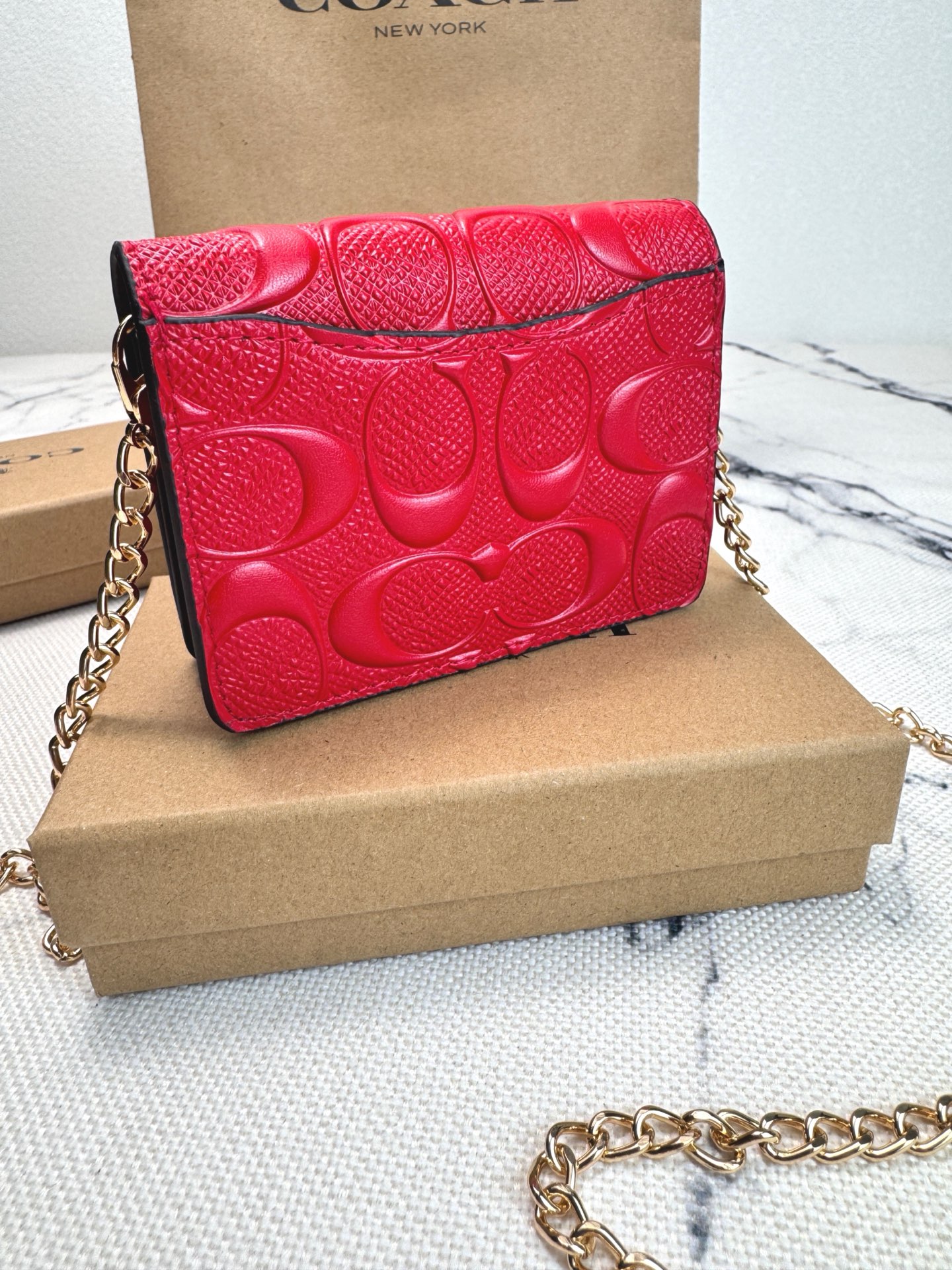 Coach COACH蔻驰 CH006 老花浮雕翻盖链条 光滑小牛皮拼光滑皮革 单肩包斜挎包钱包 链条迷你卡包
