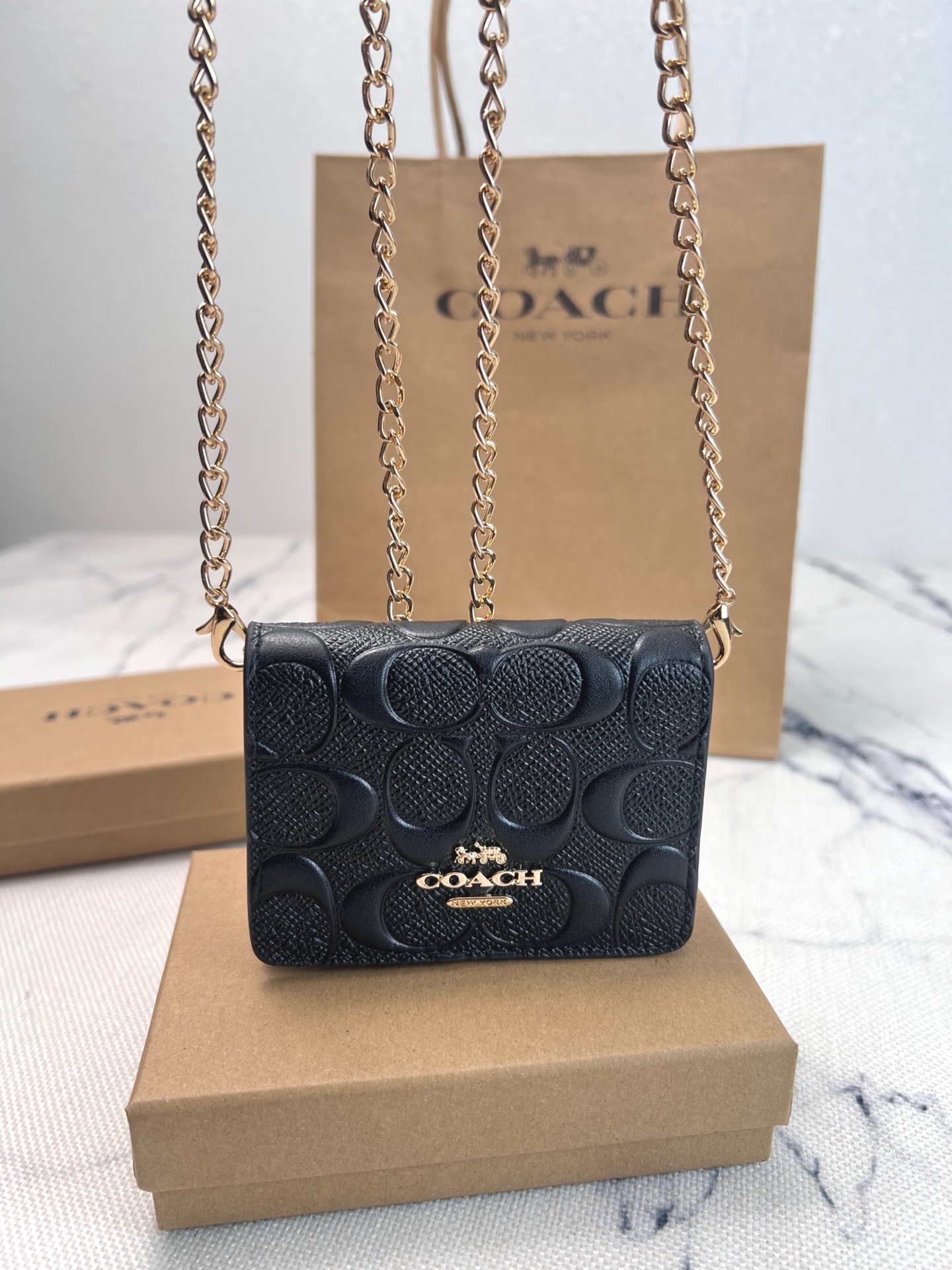 Coach COACH蔻驰 C7361 老花浮雕翻盖链条 光滑小牛皮拼光滑皮革 单肩包斜挎包钱包 链条迷你卡包