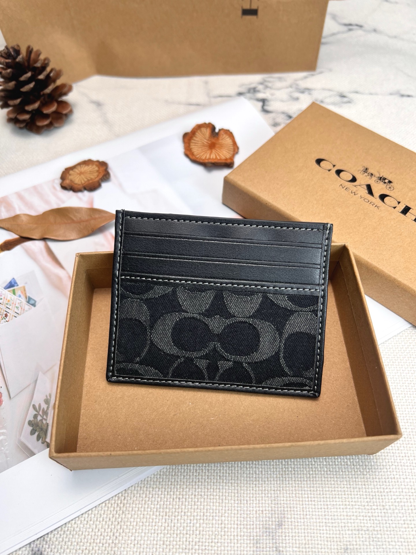 Coach ～COACH蔻驰CAJ47小卡包 黑银色帆布 双面薄款卡包卡夹证件包 随身携带超方便可爱