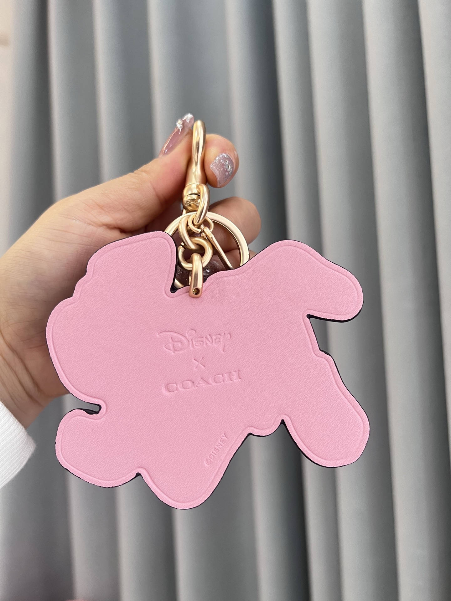 Coach x Disney联名斑点狗挂件，灵感来自《101忠狗》，皮革材质+粉色边框，少女感满满。金属五金连接，适合包包或钥匙扣，小巧可爱，收藏价值高，迪士尼粉丝必入!日常搭配或送礼都超合适门，组细节精致，兼具实用与趣味，出门也能萌趣加分~
尺寸11*9*1cm