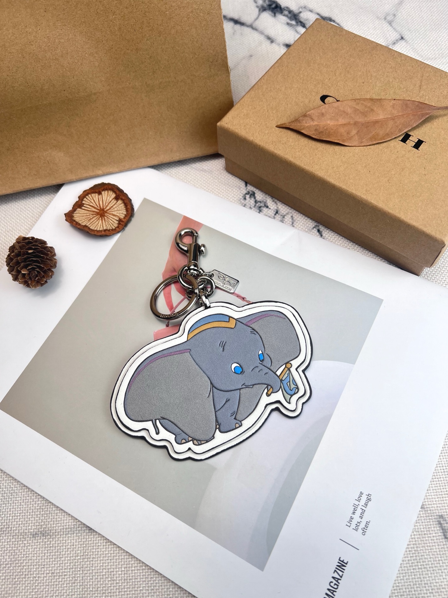 Coach x Disney联名的小飞象挂件，皮革材质+经典卡通造型，细节超还原!金属钥匙扣，包
包、钥匙都能挂，实用又可爱计。尺寸刚好，日常搭配无压力，迪士尼粉丝必收，送礼or自留都超合适，童心满满，收藏价值也很高哦!
尺寸8*12cm