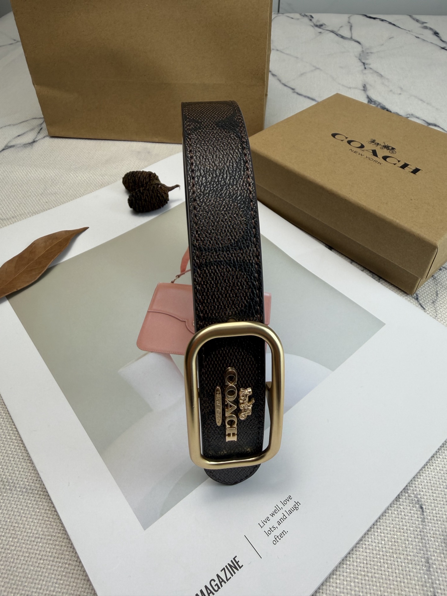 Coach ～Coach Morgan系列女士皮带 CE971 棕色老花帆布+金属方扣 简约 风满分