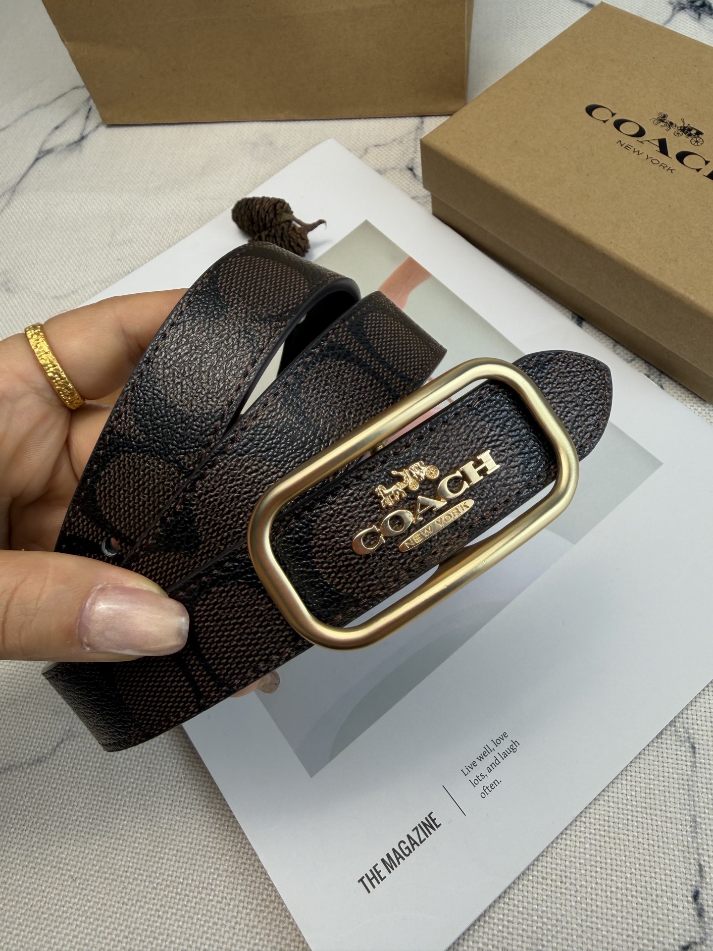 Coach ～Coach Morgan系列女士皮带 CE971 棕色老花帆布+金属方扣 简约 风满分