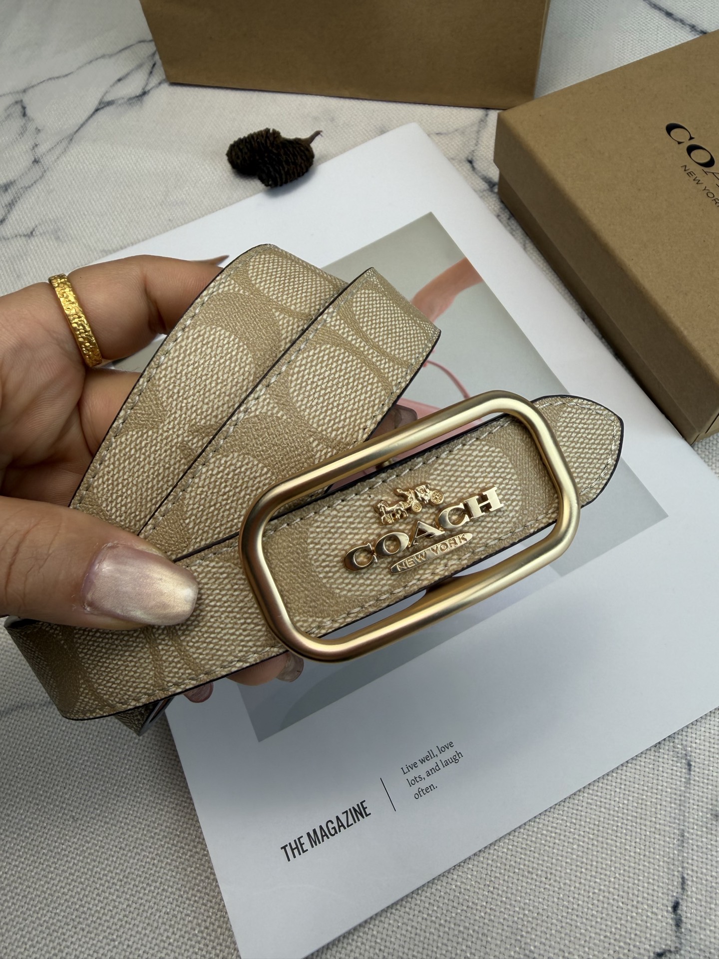 Coach ～Coach Morgan系列女士皮带 CE971 浅杏老花帆布+金属方扣 简约 风满分