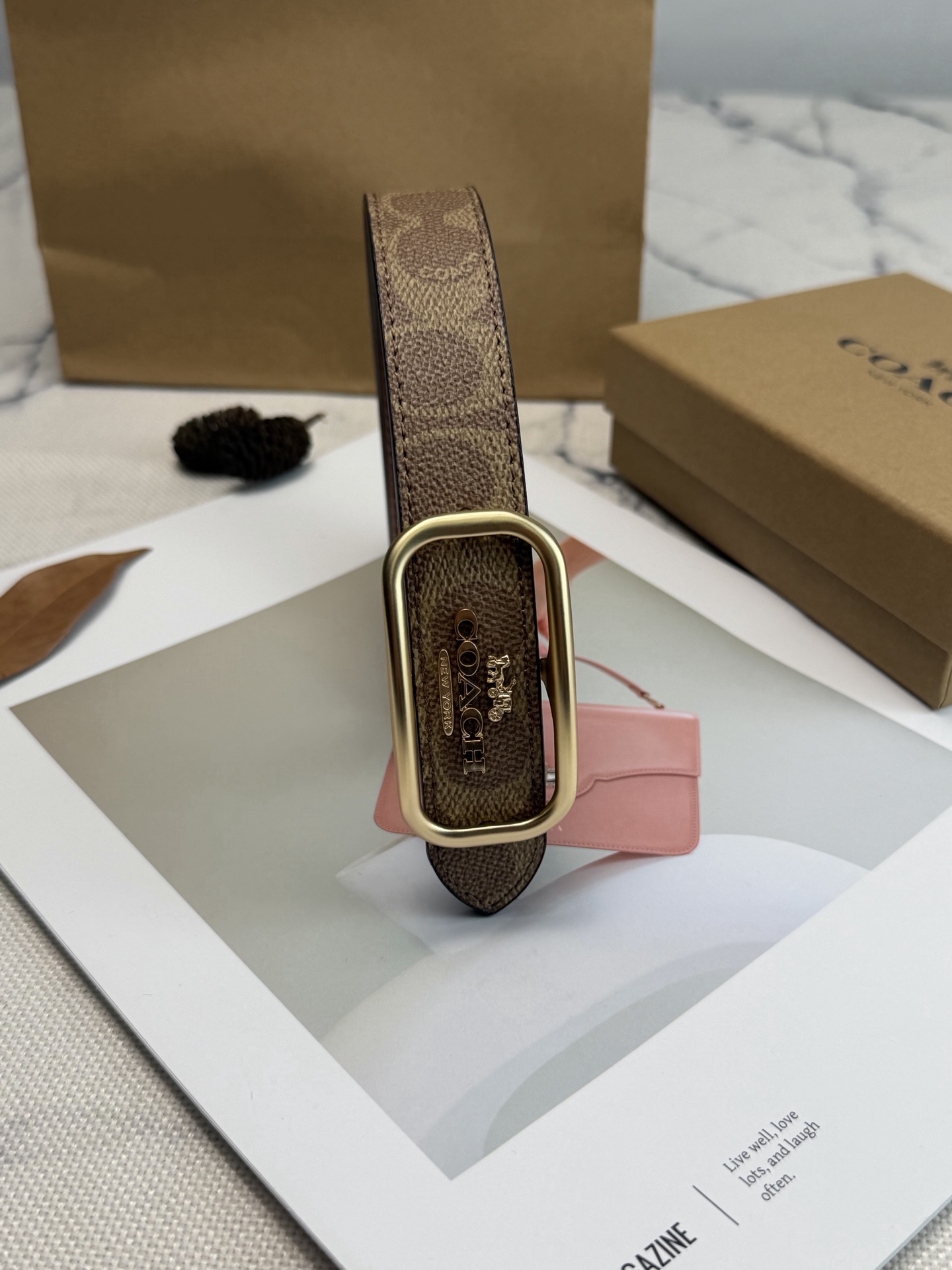 Coach ～Coach Morgan系列女士皮带 CE971 卡其小花老花帆布+金属方扣 简约 风满分
