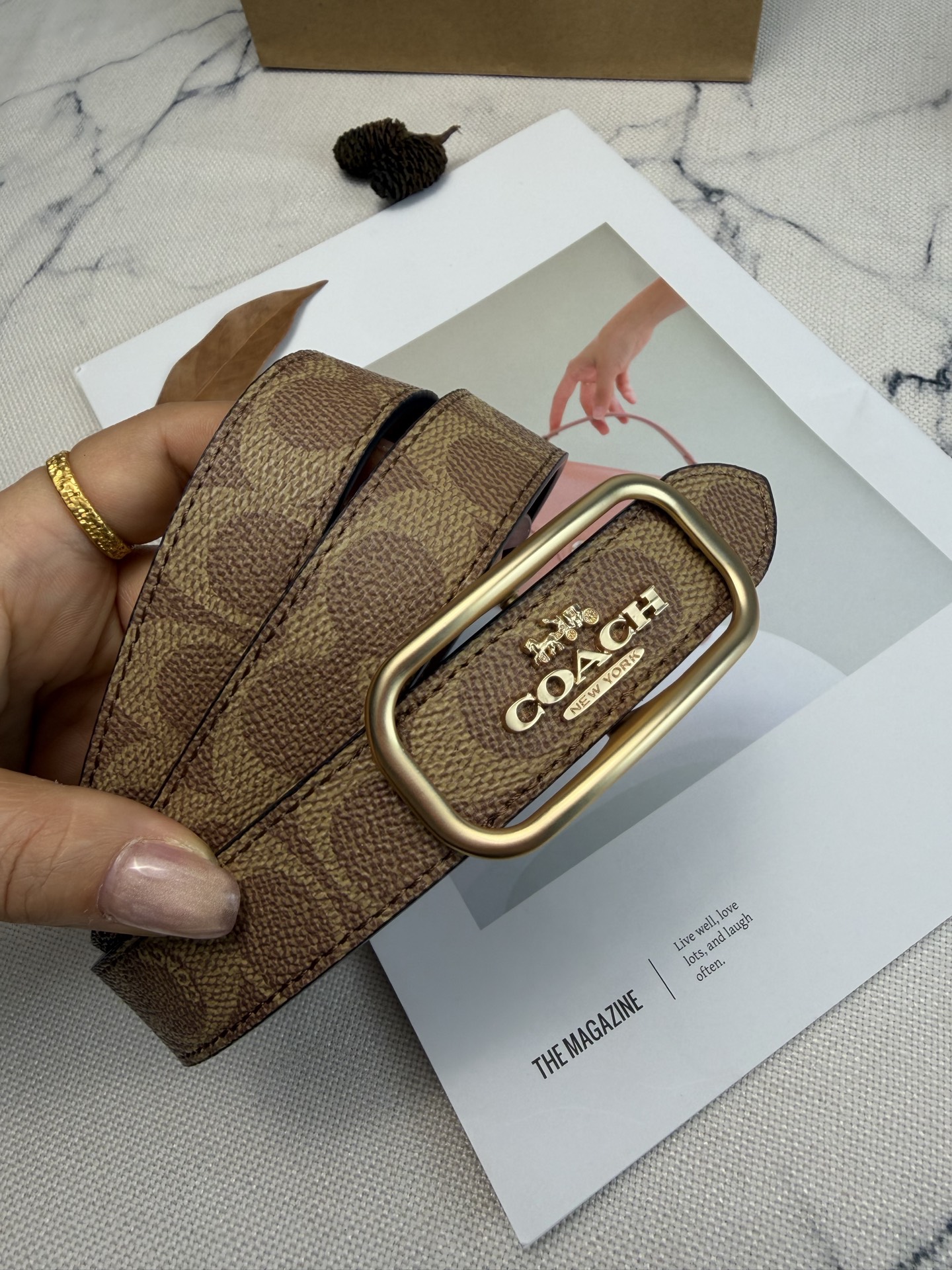 Coach ～Coach Morgan系列女士皮带 CE971 卡其小花老花帆布+金属方扣 简约 风满分
