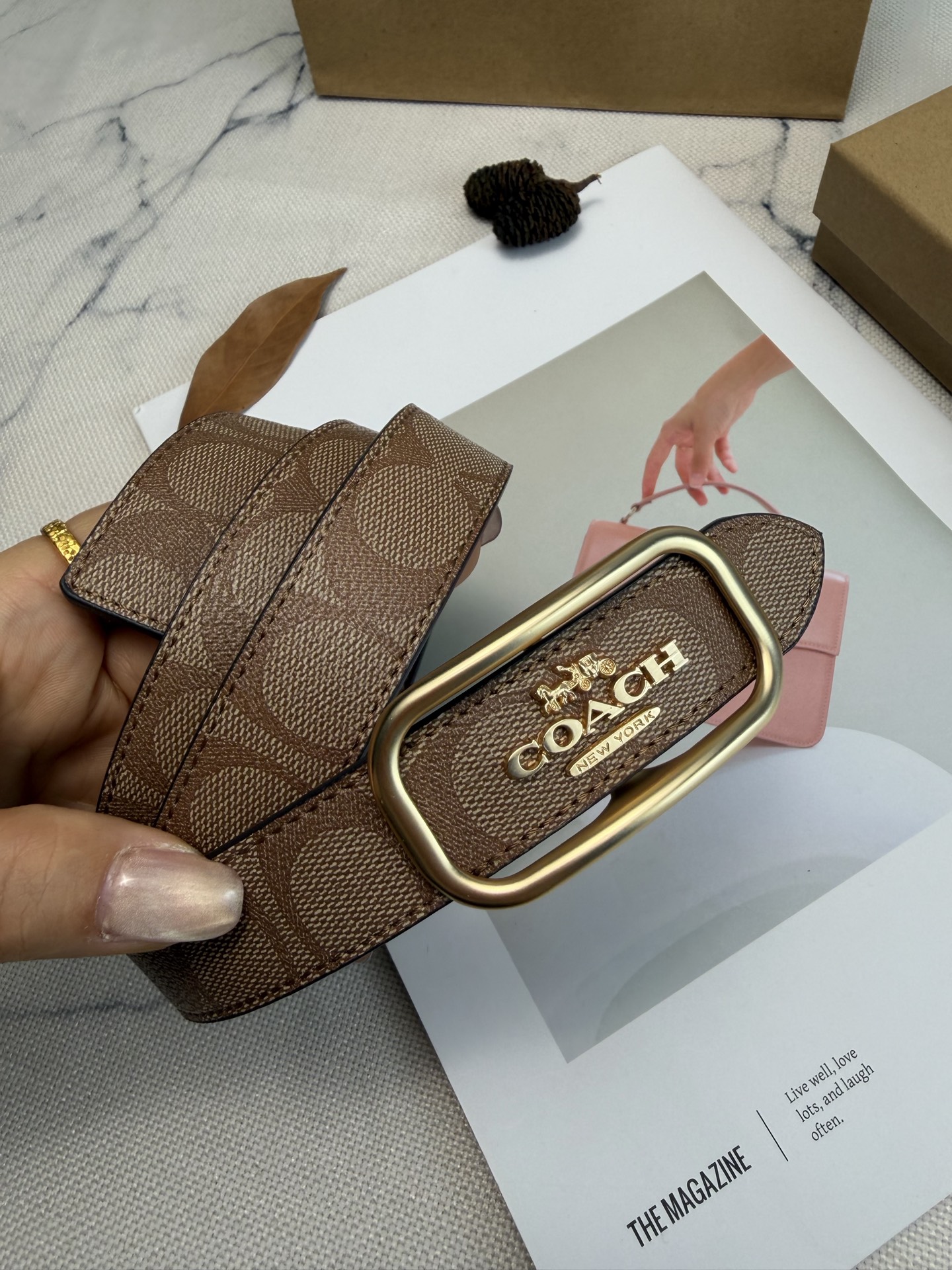 Coach ～Coach Morgan系列女士皮带 CE971 卡其大花老花帆布+金属方扣 简约 风满分
