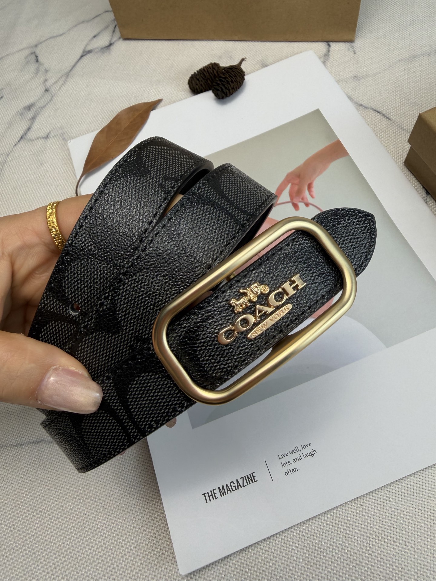 Coach ～Coach Morgan系列女士皮带 CE971 黑色老花帆布+金属方扣 简约 风满分