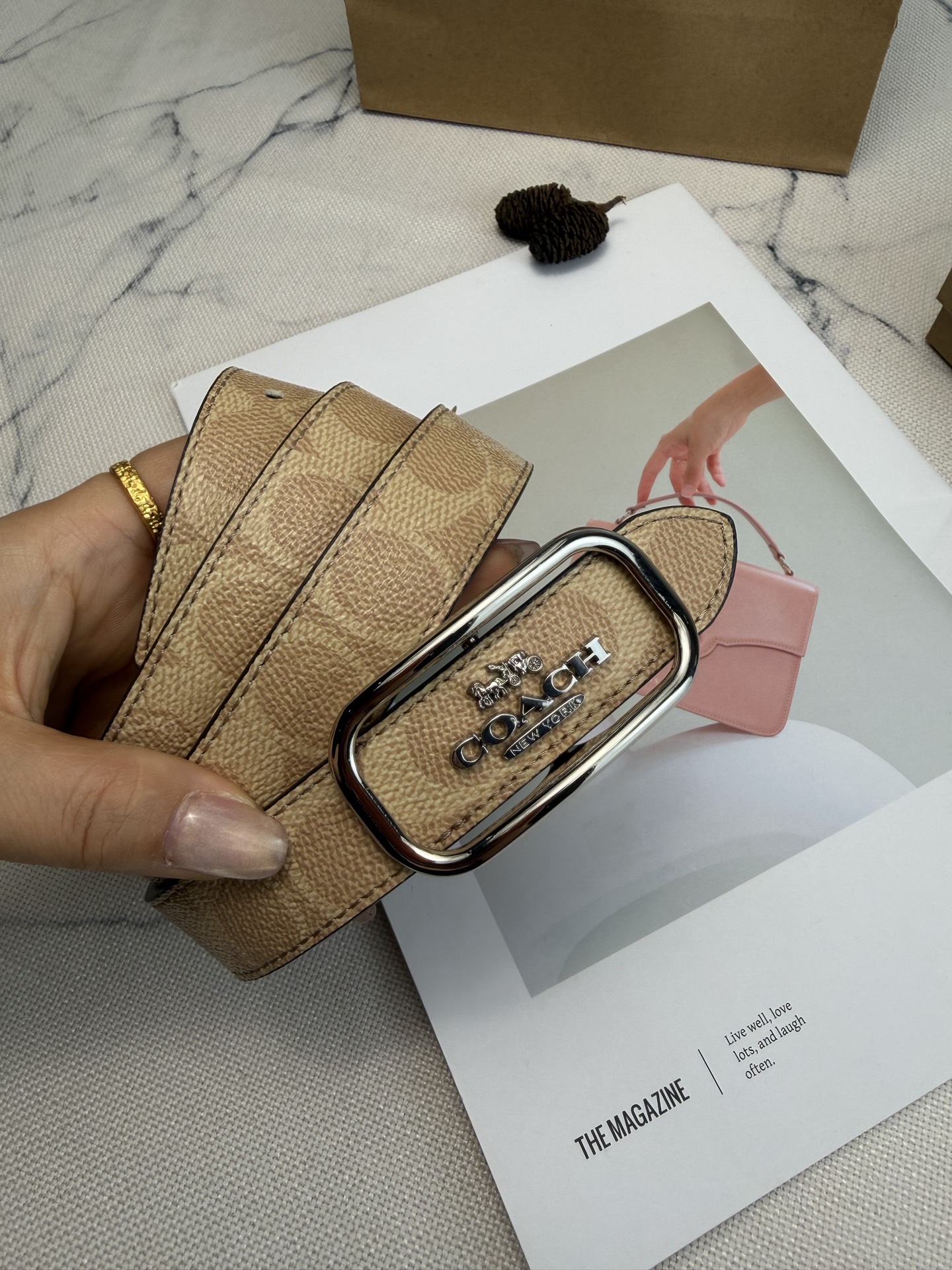 Coach ～Coach Morgan系列女士皮带 CE971 奶茶色老花帆布+金属方扣 简约 风满分