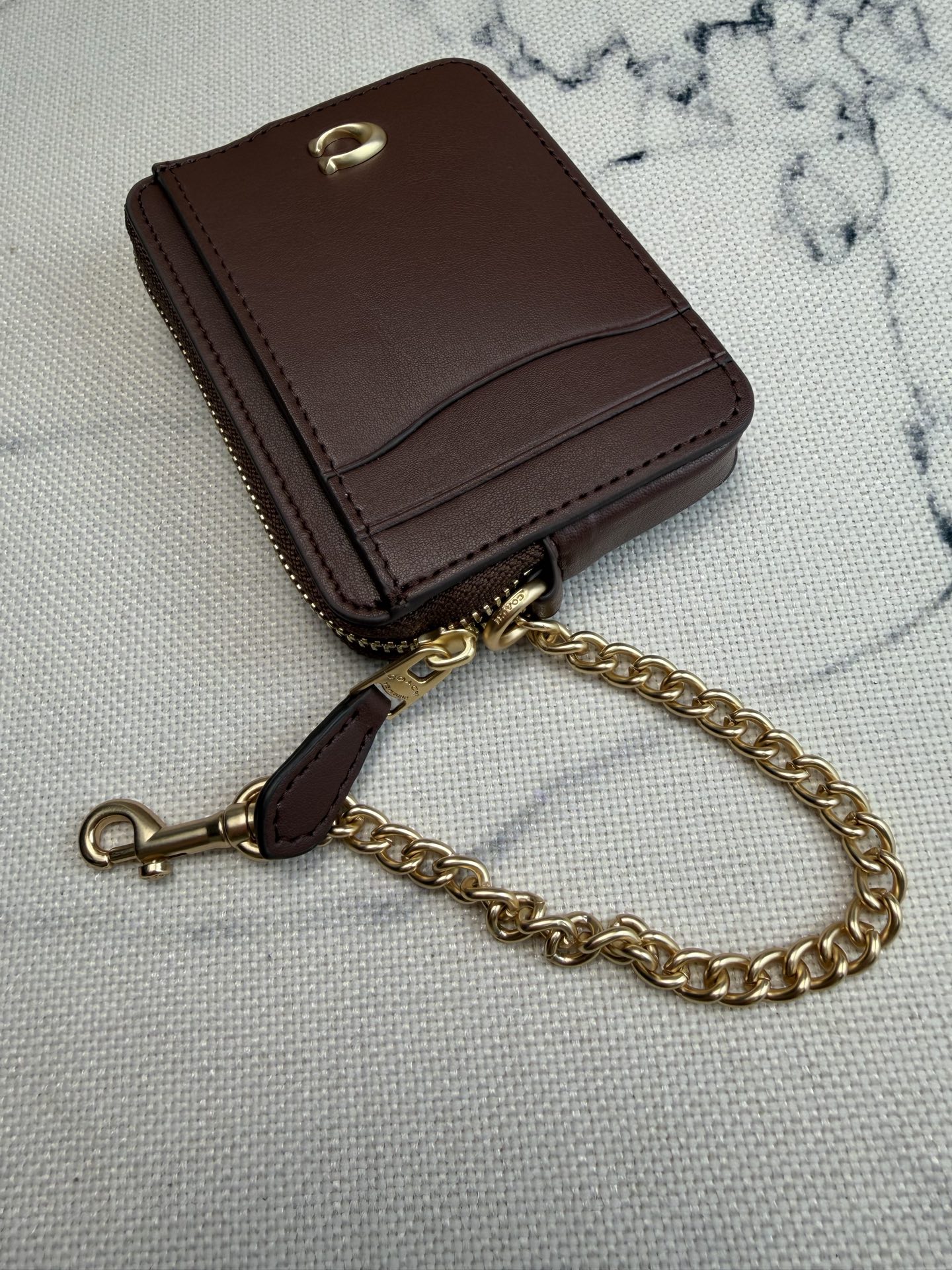 Coach Coach链条卡包CAH08深棕皮革+金属链条