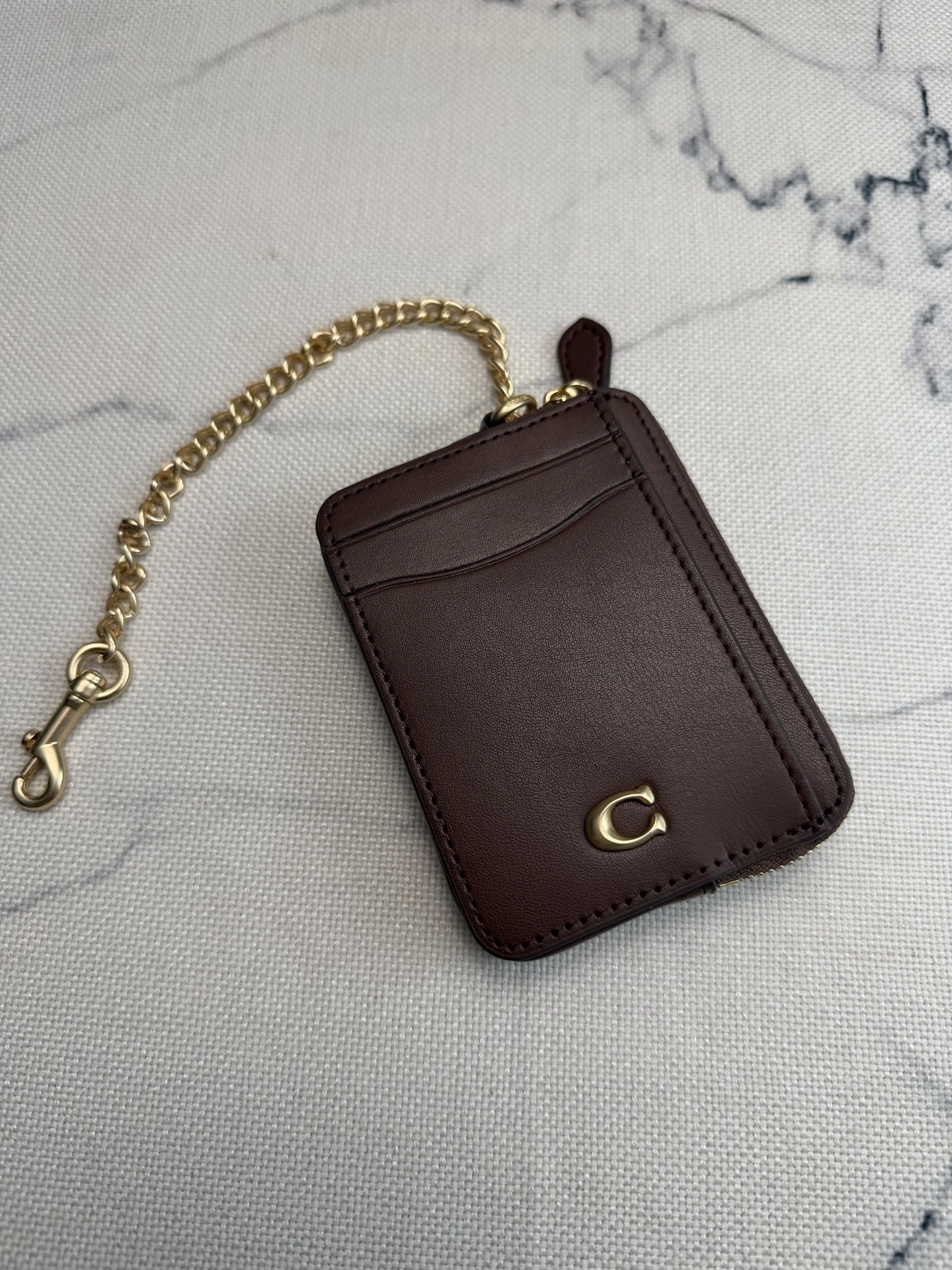 Coach Coach链条卡包CAH08深棕皮革+金属链条