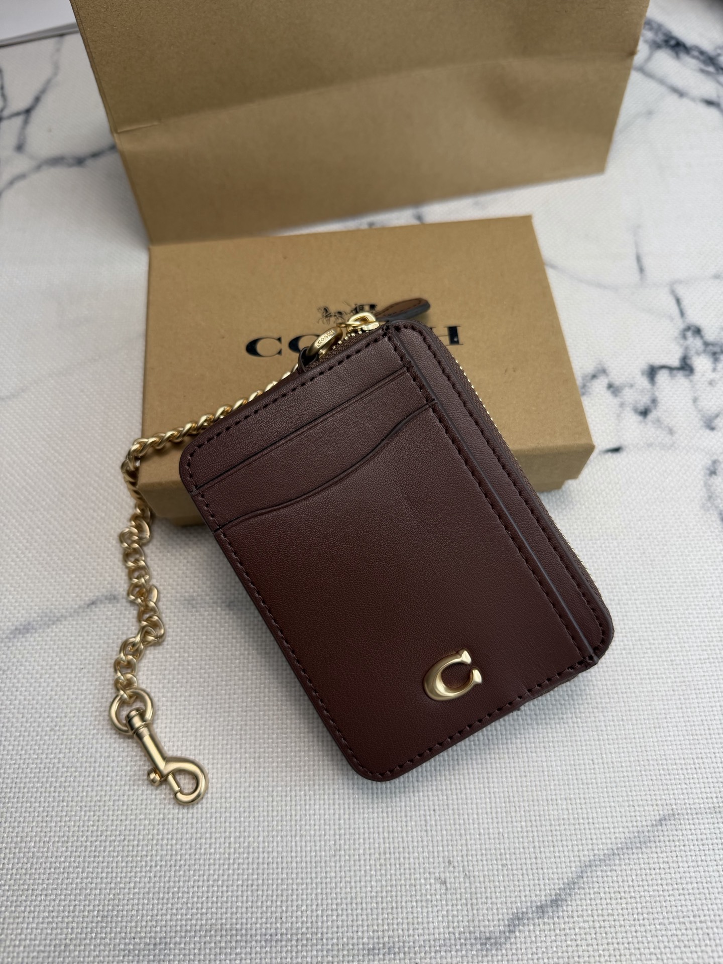 Coach Coach链条卡包CAH08深棕皮革+金属链条