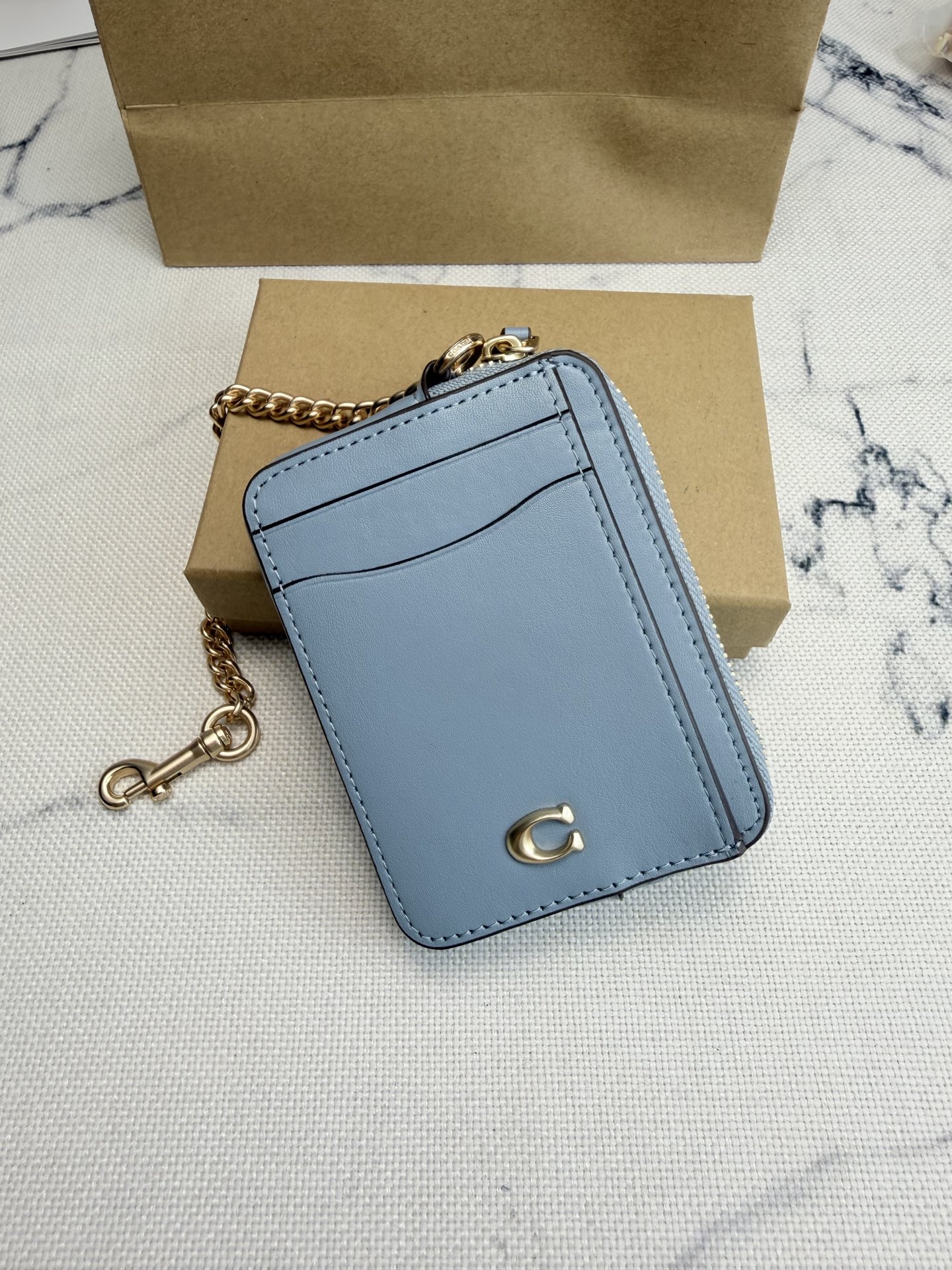 Coach Coach链条卡包CAH08浅蓝色皮革+金属链条