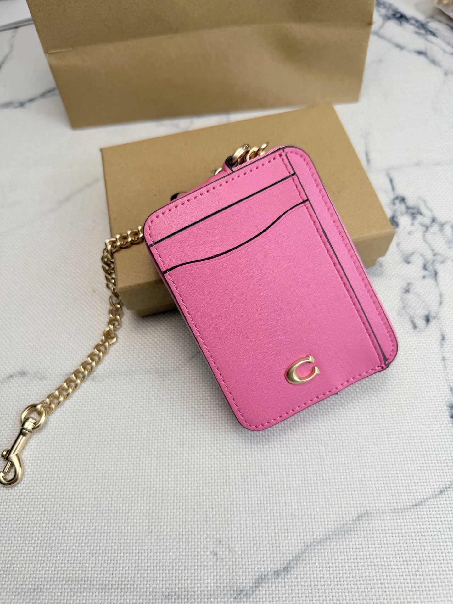 Coach Coach链条卡包CAH08西瓜粉皮革+金属链条
