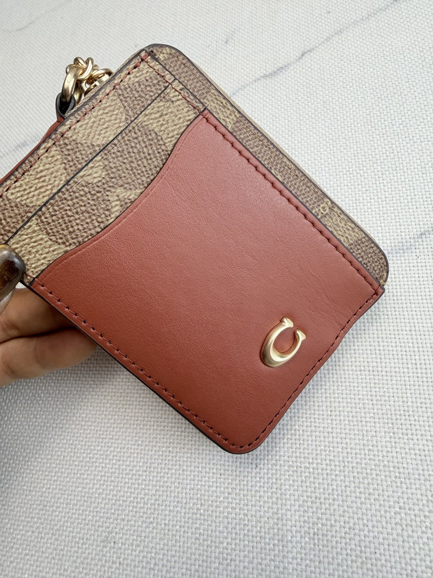 Coach Coach链条卡包CA037棕色皮革拼 老花+金属链条